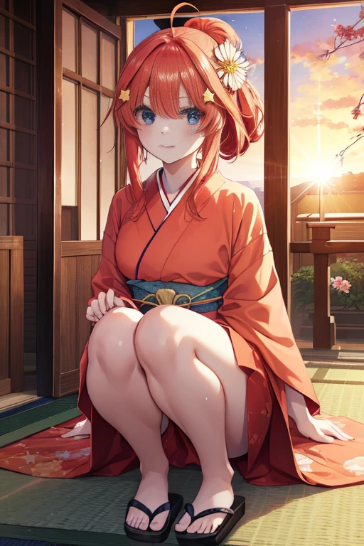 Satsuki Nakano, Itsuki Nakano, Bangs, Blue eyes, hair between eye, Ahoge, Red hair, Star \(symbol\), Hair Ornament, Star Hair Ornament,Her hair is tied back with a flower hairpin.,red kimono,Furisode,long skirt,Sandals,shrines,Sunrise, Smiling , blush
BREAK (masutepiece:1.2), Best Quality, High resolution, Unity 8k壁纸, (Illustration:0.8), (Beautiful detailed eyes:1.6), extra detailed face, Perfect Lighting, extremely details CG, (Perfect hands, Perfect Anatomy),
