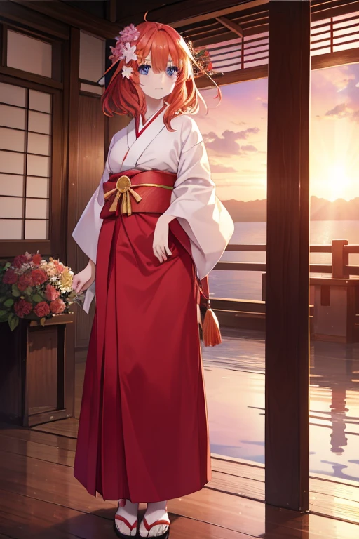 Satsuki Nakano, Itsuki Nakano, Bangs, Blue eyes, hair between eye, Ahoge, Red hair, Star \(symbol\), Hair Ornament, Star Hair Ornament,Her hair is tied back with a flower hairpin.,red kimono,Furisode,long skirt,Sandals,shrines,Sunrise, Smiling , blush
BREAK (masutepiece:1.2), Best Quality, High resolution, Unity 8k壁纸, (Illustration:0.8), (Beautiful detailed eyes:1.6), extra detailed face, Perfect Lighting, extremely details CG, (Perfect hands, Perfect Anatomy),