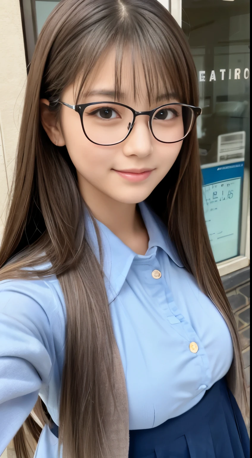 (Best quality, masterpiece, detailed), (RAW, 4k, hd images), 1 girl, 17 years old, white skin, long hair, ponytail, layers hair, bangs, black hair, beautiful girl, cute girl, sweet girl, pretty girl, perfect girl, perfect body, pretty eyes, blue eyes, thin lips, (eye line, lip soft), perfect round breast, glasses(detailed frame), simple background, smile, waist, hips, mountain jacket, half body, selfie
