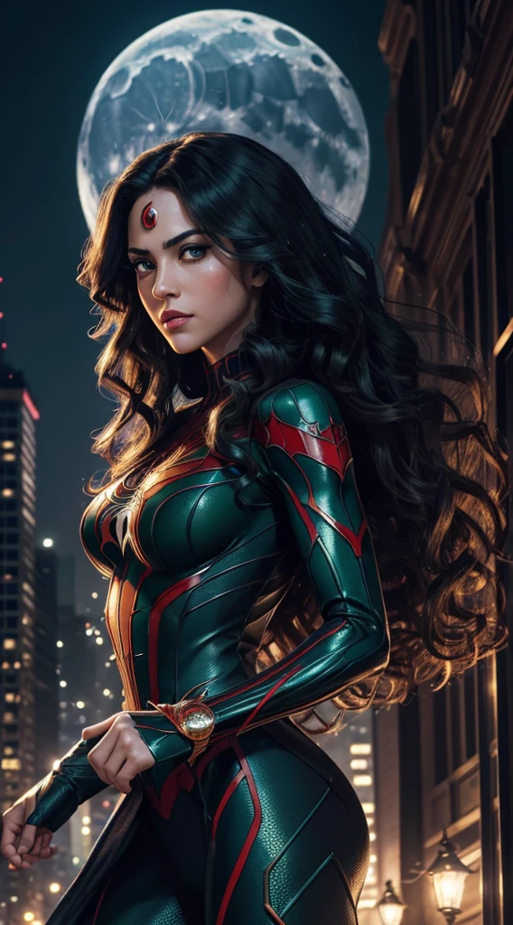 (detailed,long,curly hair,extremely detailed spider woman,long curly hair and extremely detailed face,beautiful detailed lips,green eyes,spider-woman costume),(digital illustration),(spider web,city skyline,moonlit night,spider logo),(best quality,high-res,realistic:1.37),(comic book style,heroic,action-packed),(vibrant colors,contrast,shadows),(dramatic lighting,moonlight,city lights)