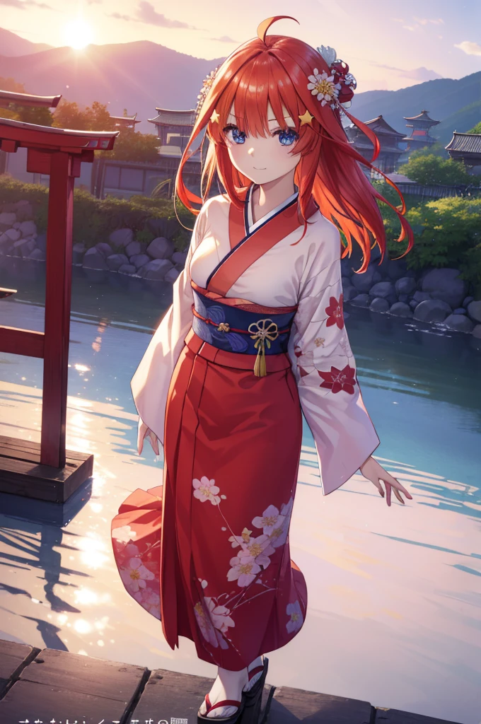 Satsuki Nakano, Itsuki Nakano, Bangs, Blue eyes, hair between eye, Ahoge, Red hair, Star \(symbol\), Hair Ornament, Star Hair Ornament,Her hair is tied back with a flower hairpin.,red kimono,Furisode,long skirt,Sandals,shrines,Sunrise, Smiling , blush
BREAK (masutepiece:1.2), Best Quality, High resolution, Unity 8k壁纸, (Illustration:0.8), (Beautiful detailed eyes:1.6), extra detailed face, Perfect Lighting, extremely details CG, (Perfect hands, Perfect Anatomy),