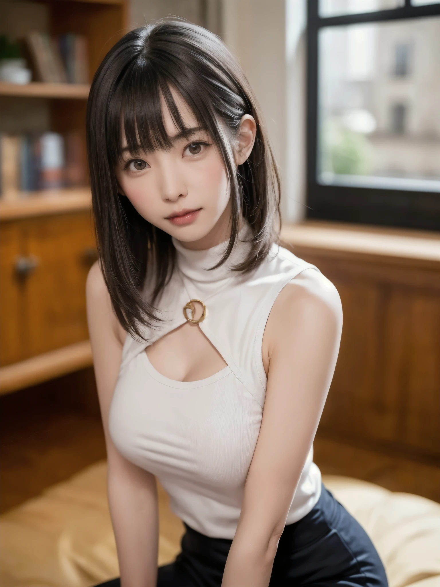 (masutepiece, top-quality、high-detail:1.4、Very attractive beauty、Add intense highlights to the eyes、Look firmly at the camera:1.4、A beautiful woman full of charm、Ideal ratio body proportions、Perfect Anatomy、Brunette Short Bob Hair、Lustrous hair、bangss:1.9、光沢のあるbangss:1.9、lipgloss),1girl in, report, Light brown shiny hair, muffler,realisitic, looking at the viewers、Tilt your head slightly, Bright colored crystal light blue eyes, short shiny hair、 White turtleneck outfit with a hole in the center of the chest,Sexy white turtleneck knit sweater with a round hole in the middle of the chest、 s lips, lipgloss, The upper part of the body、big eye、Lashes、A little red in the face、Embarrassing)、((italian road in winter))、((short hair with big eyes、Put very strong highlights in your students、{Gigantic|Big|Huge|Mega} breasts:1.4、very Bigger breasts、gazing at viewer、Very beautiful beauty、Put your ears out、long neck、little smiling、Beautiful teeth、Open your mouth and smile、Heart-shaped pupil))、28 year old、Very cute supermodel、