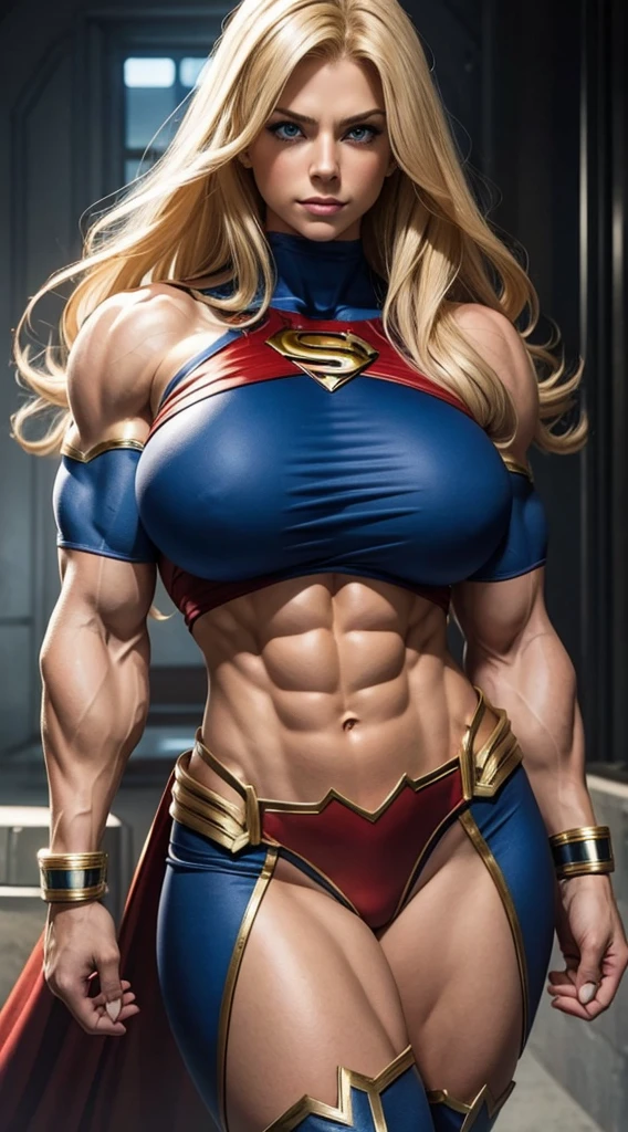 Muscular busty superheroine, strong huge biceps, strong tonned abs, huge round enormous firm breasts, blue eyes blonde