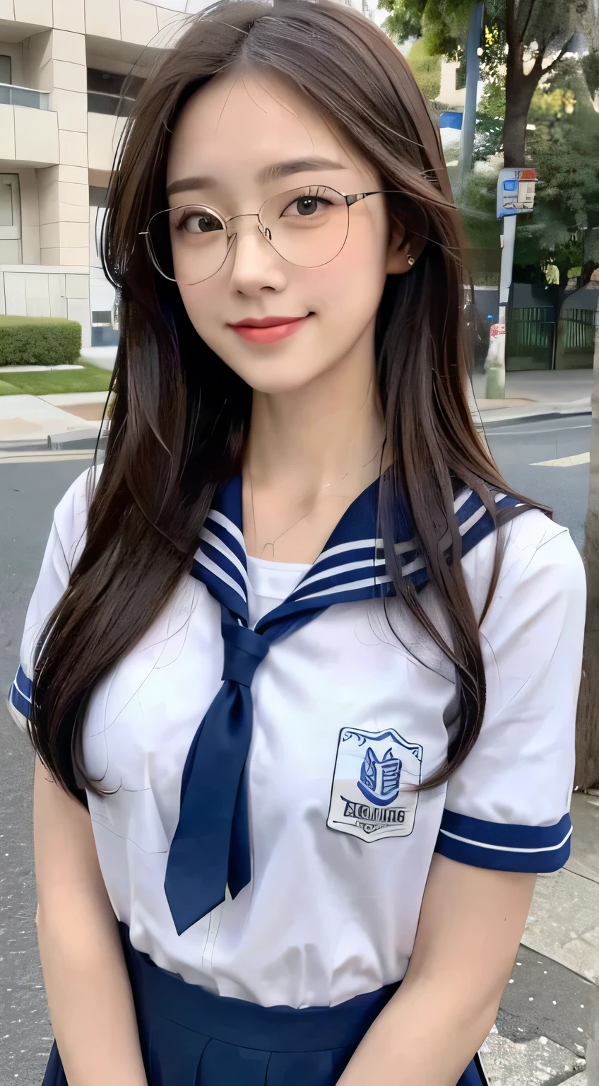 ((top-quality、8K、masterpiece:1.3))、Beautiful woman with perfect body shape:1.4、(Brown Long Hair、small tits:1.3)、Casual wear、In the street、Highly detailed facial and skin texture、A detailed eye、二重まぶた、A smile:1.5、full body Esbian、Glasses、student clothes、a sailor suit