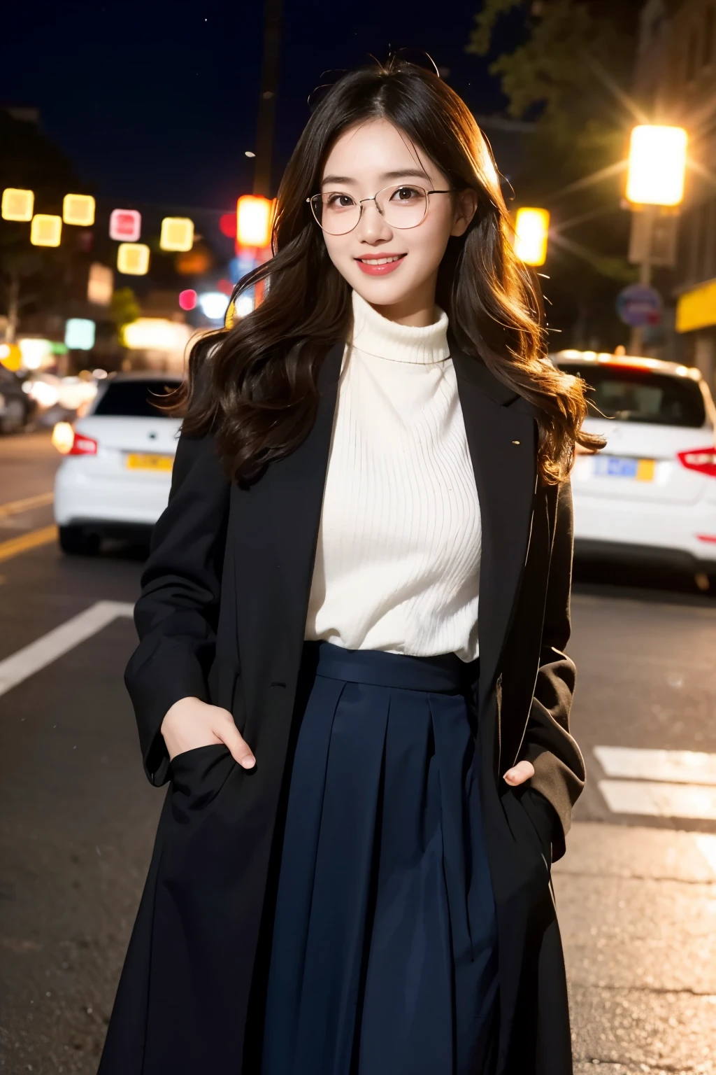 (skin blemish:1.2), (Skindentation), Black eye, 1Woman, 25-years old, (((Woman))), Solo, Realistic, Best Quality, photoRealistic, masutepiece, 8K, hight resolution, Solo, extra detailed face, (Professional Lighting, Bokeh), (light Particle, Lens Flare, glowing particles:0.6), (Dynamic Pose:1.2), Soft lighting, Top Angle View, Fashionable and trendy atmosphere, , Street, city, Park, dian, River, Car, ((Daytime)), skyporn, ((Looking at the viewer:1)), (Looking at the camera),(Portrait:0.6), Cowboy Shot, Gorgeous, Standing, Hands down, keep original facial proportion, broad shoulder, Full body, (medium breasts), (Medium Hair), Brown hair, Floating hair, Lips, Lipstick, Floating hair, Smile, Open_Mouth, 牙, Uniform wearing a cute coat, Long skirt, Eyelashes, Mole, (Mole under eye:1),I'm wearing glasses