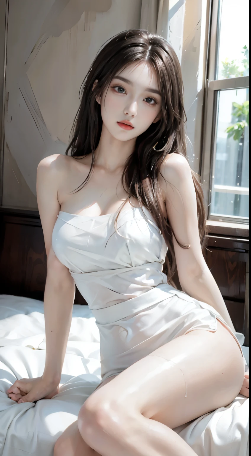 photorealistic, high resolution, soft light,1women, solo, hips up, (detailed face), white long hair, thin white strapless, medium breast, alluring post , sit with 2 knees on bed ,close leg ,feet on side, wet,glowing on dark bedroom.