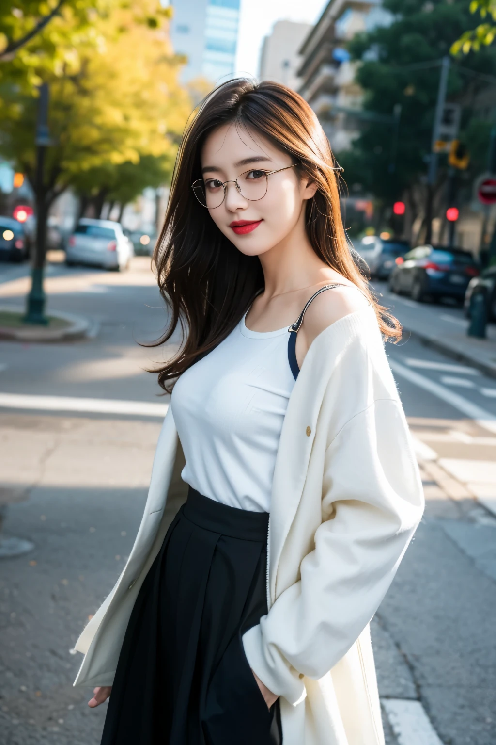 (skin blemish:1.2), (Skindentation), Black eye, 1Woman, 25-years old, (((Woman))), Solo, Realistic, Best Quality, photoRealistic, masutepiece, 8K, hight resolution, Solo, extra detailed face, (Professional Lighting, Bokeh), (light Particle, Lens Flare, glowing particles:0.6), (Dynamic Pose:1.2), Soft lighting, Top Angle View, Fashionable and trendy atmosphere, , Street, city, Park, dian, River, Car, ((Daytime)), skyporn, ((Looking at the viewer:1)), (Looking at the camera),(Portrait:0.6), Cowboy Shot, Gorgeous, Standing, Hands down, keep original facial proportion, broad shoulder, Full body, (medium breasts), (Medium Hair), Brown hair, Floating hair, Lips, Lipstick, Floating hair, Smile, Open_Mouth, 牙, Uniform wearing a cute coat, Long skirt, Eyelashes, Mole, (Mole under eye:1),I'm wearing glasses