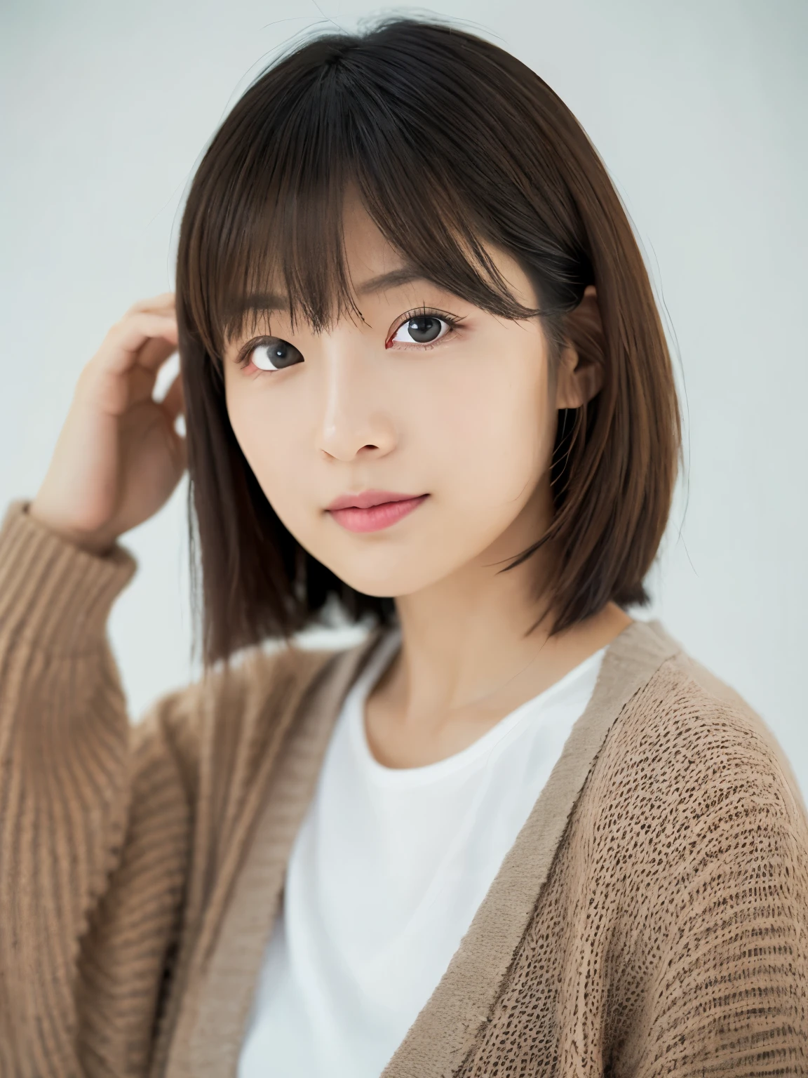 ((masutepiece,top-quality)), (photographrealistic:1.4),((masutepiece,8K)),hight resolution,Studio Soft Light, Rim Lights, vibrant detail, realistic skin textures,Japanese, 1 beautiful woman, Short hair, Wave hair, faint thin bangs, make - up, 38 years, Detailed skin, cardigan, wide-leg pants, White background, White Room,white walls, fully body photo, Looking at Viewer