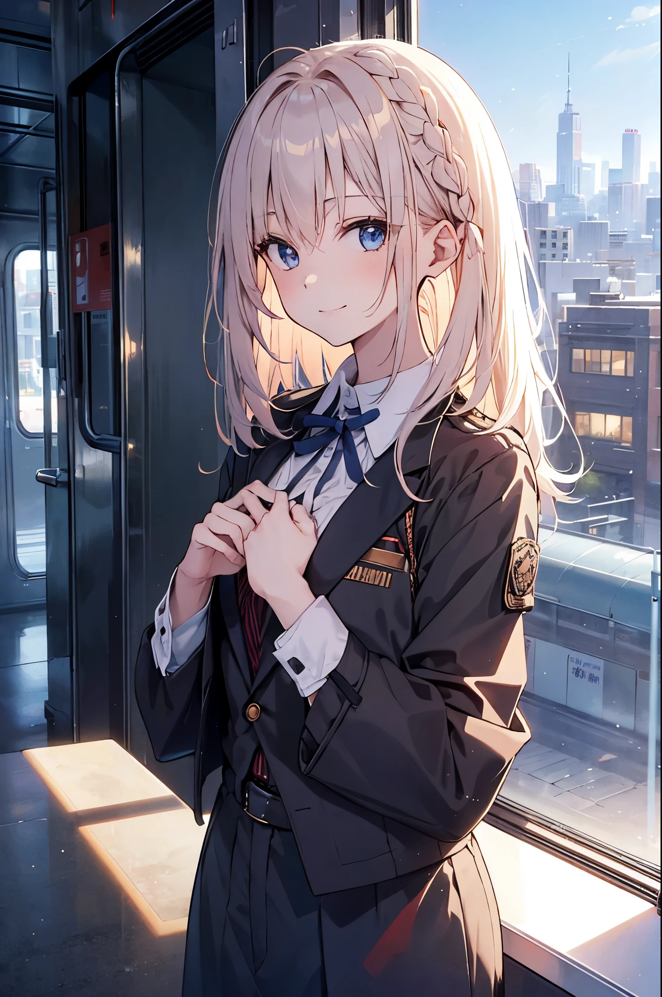 (Girl with a nasty appearance:1.1)、(Daytime:1.5)、(and chest:1.4)、Raw photography, top-quality, hight resolution, (masterpiece), (Photorealsitic:1.4), (Mole under the eyes),Anime , foco nítido, nffsw, 8K分辨率, intricate detailes, depth of fields, the Extremely Detailed CG Unity 8K Wallpapers, front lit, femele,25-years old、 Happy face,Smiling、(tying hair:1.5)、(ミディアムショーTrainボーヘア)、(Wearing a suit:1.3)、blue eyess,(Train:1.5)、(City during the day from the window:1.3)、(Full body depiction)、(Looking out the window:1.2)、shining world、Right hand grabs the strap、On the train、Day trains、Winters服、Winters