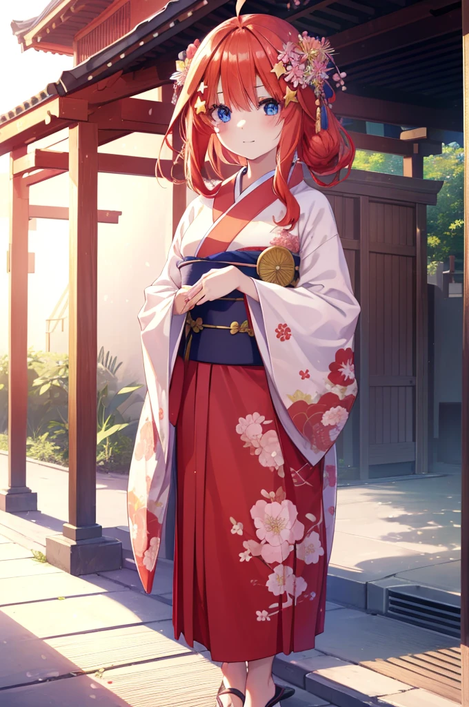 Satsuki Nakano, Itsuki Nakano, Bangs, Blue eyes, hair between eye, Ahoge, Red hair, Star \(symbol\), Hair Ornament, Star Hair Ornament,Her hair is tied back with a flower hairpin.，red kimono，Furisode，long  skirt，Sandals，shrines，Sunrise， Smiling , blush
BREAK (masutepiece:1.2), Best Quality, High resolution, Unity 8k壁纸, (Illustration:0.8), (Beautiful detailed eyes:1.6), extra detailed face, Perfect Lighting, extremely details CG, (Perfect hands, Perfect Anatomy),