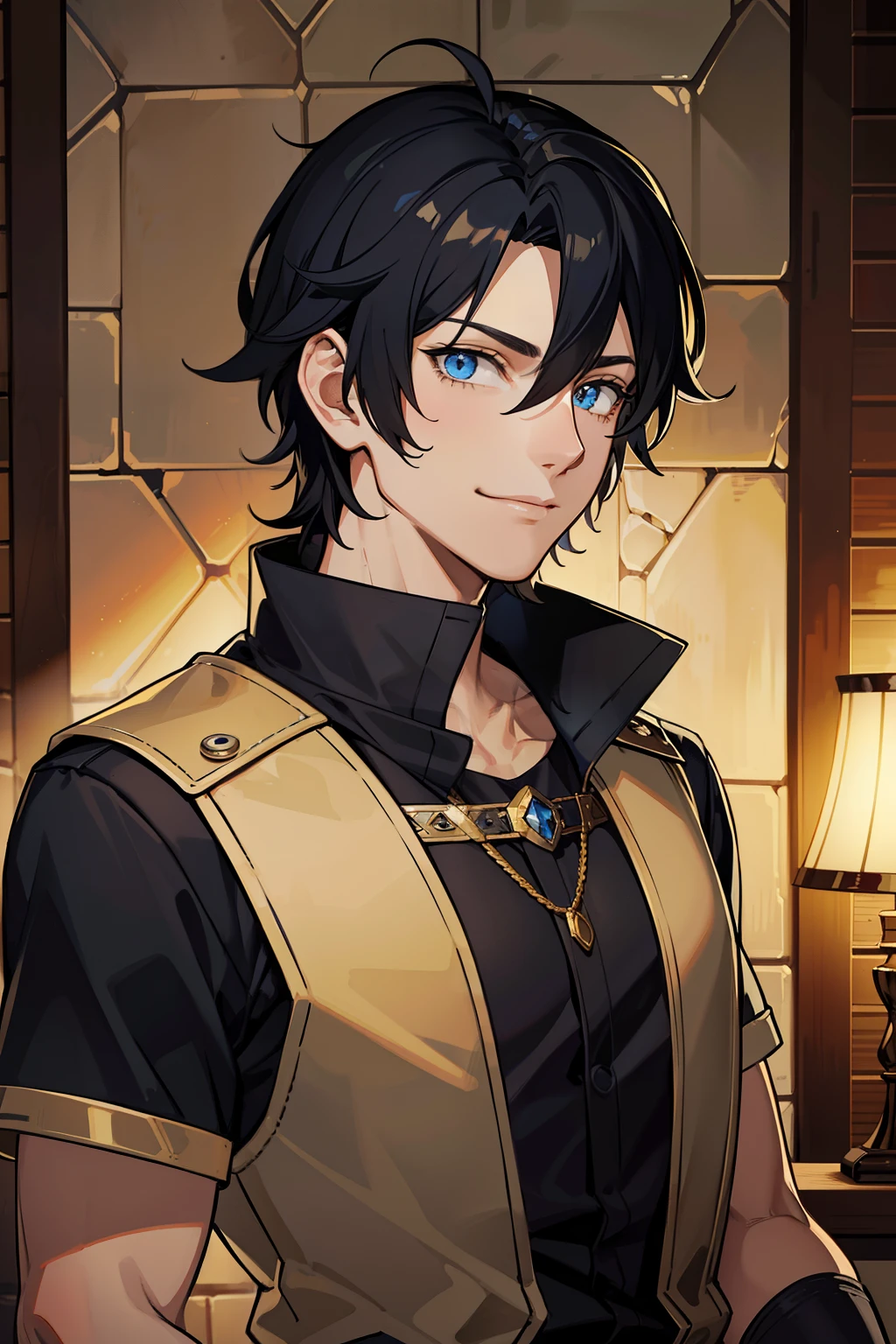 (high-quality, breathtaking),(expressive eyes, perfect face) portrait, 1male, male, solo, adult man, age late 20's, black hair, yellow golden eye color, short hair length, soft wavy hair, spiky hair, gentle smile, side bangs, looking at viewer, portrait, happy expression, fantasy clothing, blacksmith, blacksmith clothing, blacksmith profession, elegant, mature, height 5"6, blue lighting in hair