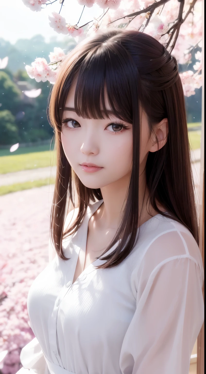 (A logo、masterpiece、8K、masutepiece、Raw photo、Fantastic、Best Quality、フォトリアリスティックでighly detailedな CG 統合 8k 壁紙、hightquality、ighly detailed、epic poem、Particle effect、Dynamic effects、depth of fields、Cinematic Light、Lens Flare、Ray tracing)、Fantasia、 (Beauty 1 person、doress、Dress、Cherry blossom pattern、A dark-haired、Beautiful face、Real Face、beautiful details eyes beautiful skin)、髪がthe windで踊る、Hair flutters in the wind、Hair jumps、Pink cherry blossom tree、Petals flutter、Sakura blizzard、Superb view、morning glow、Sun in the background、the wind、