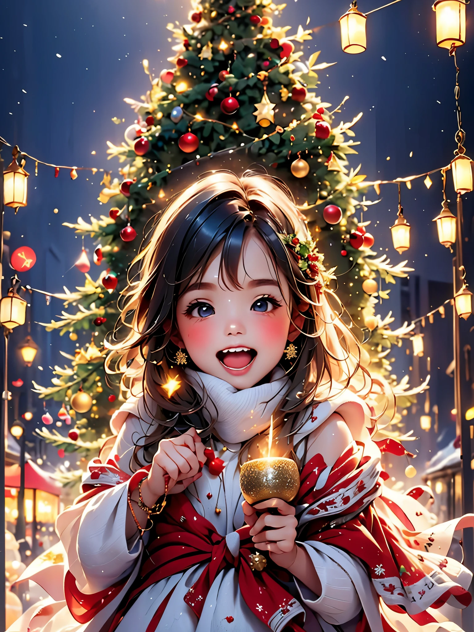 (best quality,4k,highres,masterpiece:1.2),ultra-detailed,cheerful 5-year-old girl,brightly lit,beautifully decorated Christmas tree,wonderfully wrapped gift,joyful expression,detailed hair,festive decor,colorful ornaments,happy atmosphere,warm and cozy room,magical holiday moment,vivid colors,excitement,sparkling lights,believe in wonder,delightful surprise,genuine happiness,childhood innocence,memorable celebration,enchanted ambiance,cute dress,playful spirit,giggles and laughter,twinkling tinsel,adorable anticipation,carefully chosen present,cherished memories,unwrapping with anticipation,spark of joy,holiday magic,candid emotions,heartwarming scene,unconditional love,flickering candlelight,family traditions,celebrating togetherness,priceless joy.