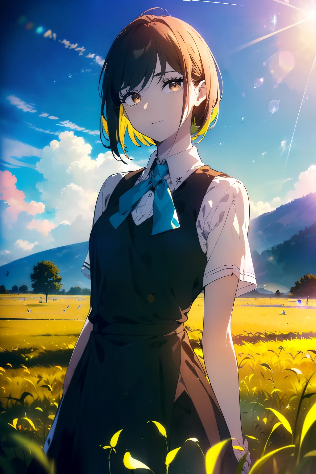 ((((Obra maestra, La mejor calidad, ultrahigh resolution)))), beautiful girl, standing, (((wearing blue school uniform)), (very short hair in view, in frame), pale skin, ((brown eyes)), (ultra detailed eyes:0.7, beautiful and detailed face, detailed eyes:0.9), ((centered)), smile, ((wide shot)), facing viewer, (((vibrant background of outdoors, field of grass, bright lighting, summer, sunlight))), flat chested, looking at viewer, ((perfect hands)), ((head:1, hips, elbows, arms, in view)), ((hands behind back)), beautiful lighting, defined subject, (18 years old), ((cool looking)), ((sunny glare))
