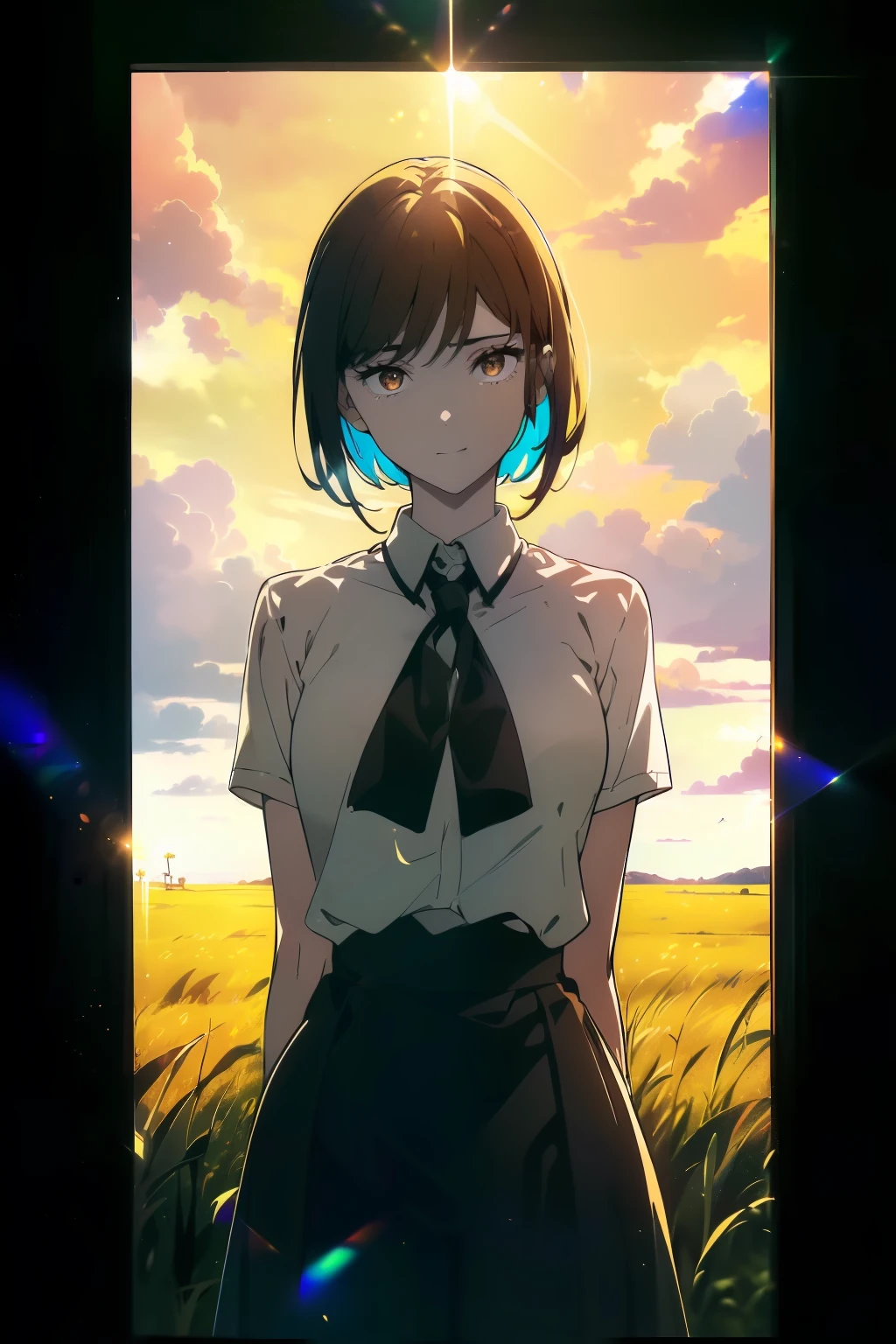 ((((Obra maestra, La mejor calidad, ultrahigh resolution)))), beautiful girl, standing, (((wearing blue school uniform)), (very short hair in view, in frame), pale skin, ((brown eyes)), (ultra detailed eyes:0.7, beautiful and detailed face, detailed eyes:0.9), ((centered)), smile, ((wide shot)), facing viewer, (((vibrant background of outdoors, field of grass, bright lighting, summer, sunlight))), flat chested, looking at viewer, ((perfect hands)), ((head:1, hips, elbows, arms, in view)), ((hands behind back)), beautiful lighting, defined subject, (18 years old), ((cool looking)), ((sunny glare))