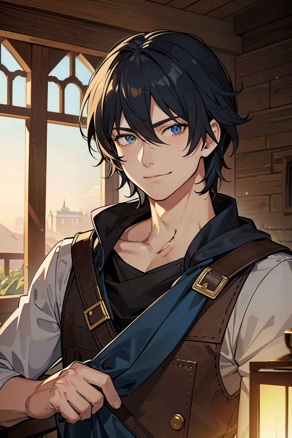 (high-quality, breathtaking),(expressive eyes, perfect face) portrait, 1male, male, solo, adult man, age late 20's, black hair, yellow golden eye color, short hair length, soft wavy hair, spiky hair, gentle smile, side bangs, looking at viewer, portrait, happy expression, fantasy clothing, blacksmith, blacksmith clothing, blacksmith profession, elegant, mature, height 5"6, blue lighting in hair