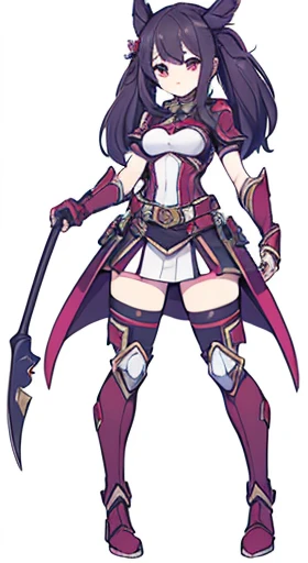 (((Best Quality))) , ((full body)), female, reference sheet, solo, (white background), holding staff, gauntlets, thigh high, femloin, belt, blue, red, green, violet, pink, white,