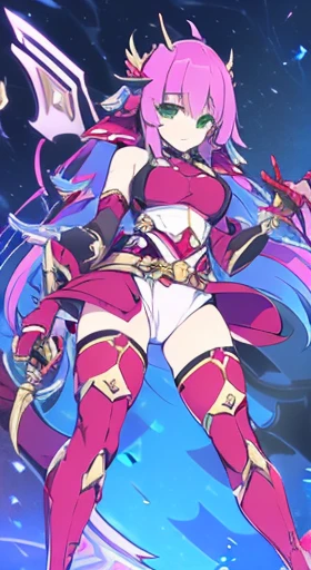 (((Best Quality))) , ((full body)), female, reference sheet, solo, (white background), holding staff, gauntlets, thigh high, femloin, belt, blue, red, green, violet, pink, white,