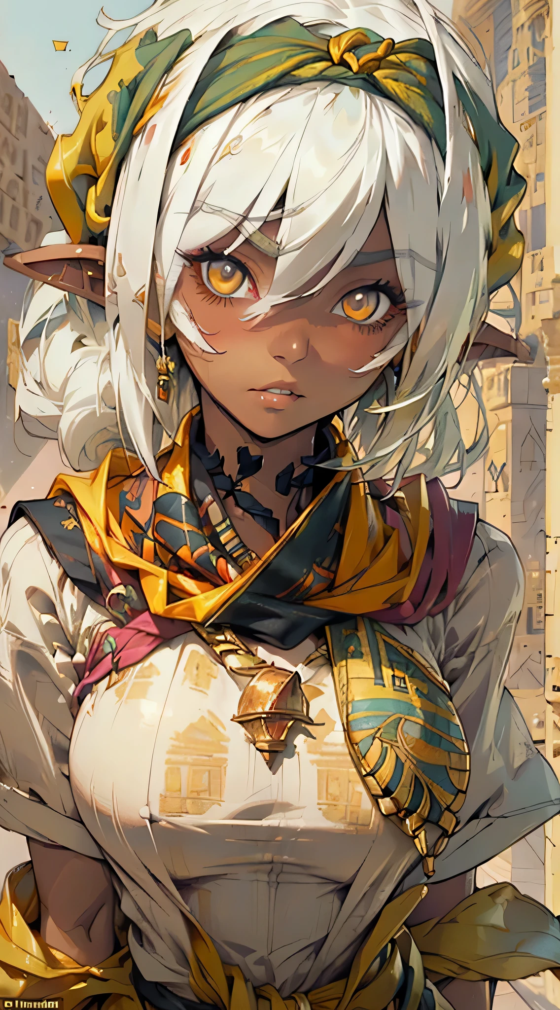 Nisei Muramasa, girl from ancient Egypt,1girl, (large breasts:1.4),saggy breasts,((((straight hair, hair long,white hair:1.5,colored inner hair)))),(((yellow_eyes:1.3))),intricate eyes,beautiful detailed eyes,symmetrical eyes,big eyes:1.2,((((lustrous skin:1.5,tanned skin,bright skin: 1.5,skin tanned,shiny skin,very shiny skin,shiny body)))),(spider lower abdomen,narrow waist,wide hip,athletic body,inflated legs,thick thighs),(((detailed face))),beautiful detailed lips, cute,slutty,,seductive,((erotic)),opulent,sumptuous,((nsfw)), zettai ryouiki,revealing clothing,show skin,((silky golden skin)), fleshy lips, (((Egyptian headscarf:1.5))),jewelry and bracelets, with a gold and white plunging Egyptian garb,black canvaarefoot))),egyptian outfit,((eyeshadow, egyptian makeup,eyelid makeup)),((((ceremonial gold paint all over the body)))),(((Transparent cloth:1.1,wet clothes,intricate outfit,embroidered outfit,ornate outfit,embroidered clothes,ornate clothes))), dynamic and seductive pose,looking at viewer,embarrassed,centered,scale to fit dimensions,Rule of thirds, outdoors,(egyptian palace,egyptian palace background,pyramids in the background),scenery,(oasis,oasis background),extremely scenery,(puddles everywhere,moss,moss on the background),clouds,Egypt style,Egypt castle,lily pads,palms,reeds,(sunset, golden hour), (Glossy Egyptian ornaments),(top-quality,8K,32K,​masterpiece),high resolution,(Photorealistic:1.4),Ray tracing,Sun glare,depth of fields,By backlight effect,Add depth to your screen,(((vibrant colors,vibrant theme))),(intricate),(high contrast,photorealistic artwork:1.37),(best quality,4k,highres,masterpiece:1.2),ultra-detailed,(realistic,photorealistic,photo-realistic:1.37),professional, cute loli elf,(((little loli,tiny little body,little))),(((6 years old))),((anime elf loli with extremely cute and beautiful white hair)), (((elf))), (((elf earlat chest))),((((white hair:1.35,short white hair,colored inner hair,ear breathing))))