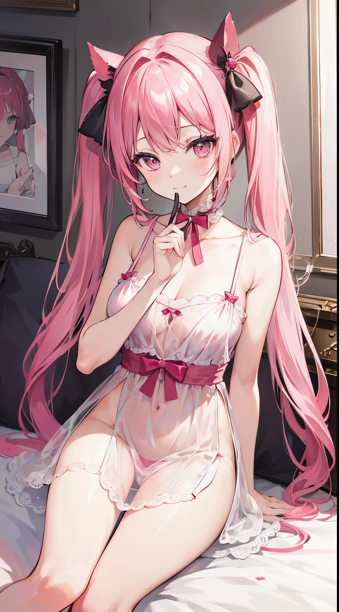 (8K、Top image quality、top-quality、masterpiece)、A detailed face、1 girl in、A pink-haired、((twintails))、Pink eyes、耳环、grinning evily、Moderately breasts、pink negligee、see-through、cowboy shot、Put your hand to your mouth、sit on a bed、Luxury room background