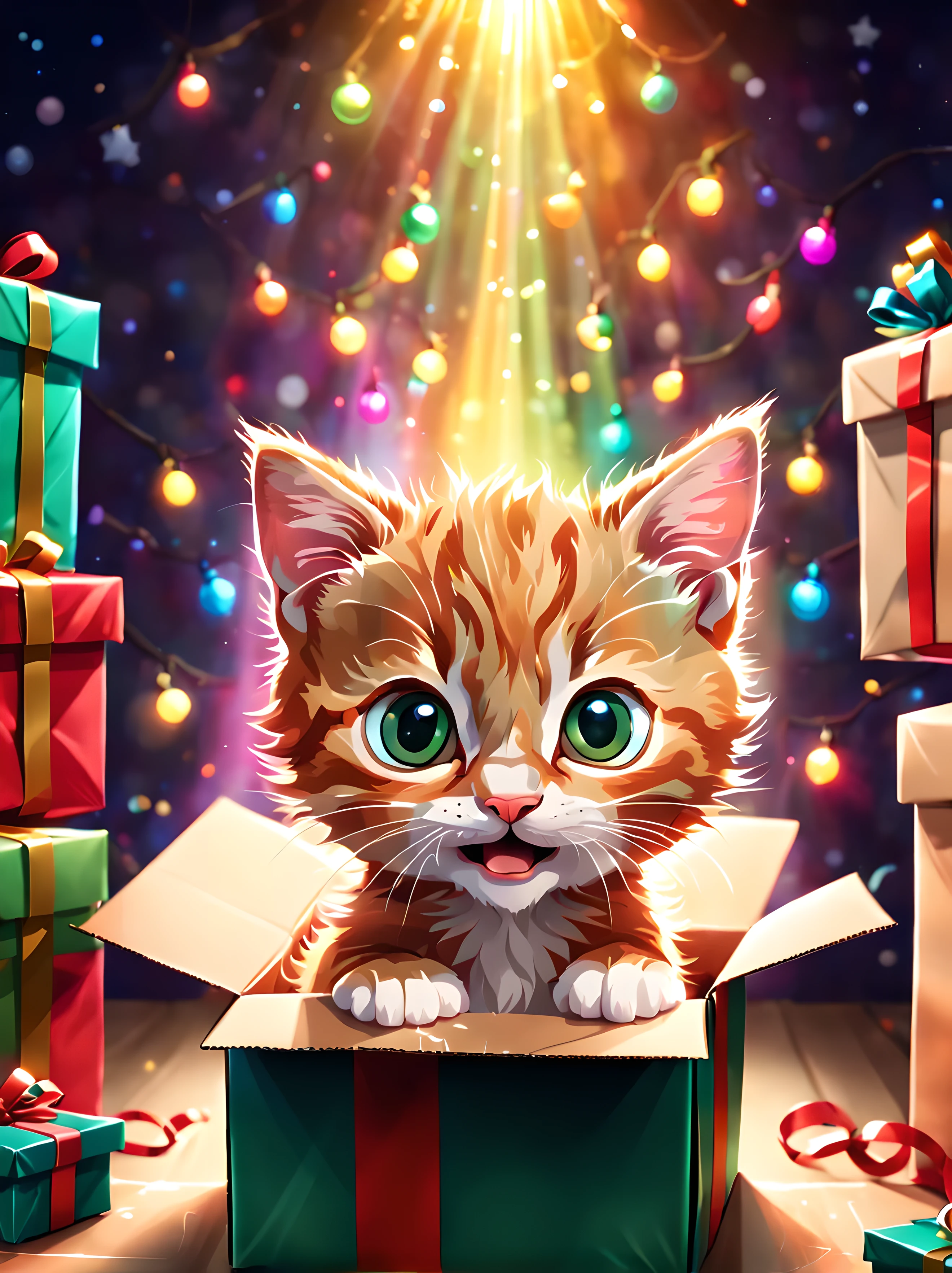 Cute Cartoon, CuteCartoonAF. | Masterpiece in maximum 16K resolution. | (Symmetrical front view) of an excited ginger kitten (peeking from) a large Christmas present box. | Shiny magical light rays of different colors burst out from the open box, illuminating the face and the surrounding living room. | The box beautifully wrapped in colorful paper. | Garland lights in a dark living room. | More_Detail