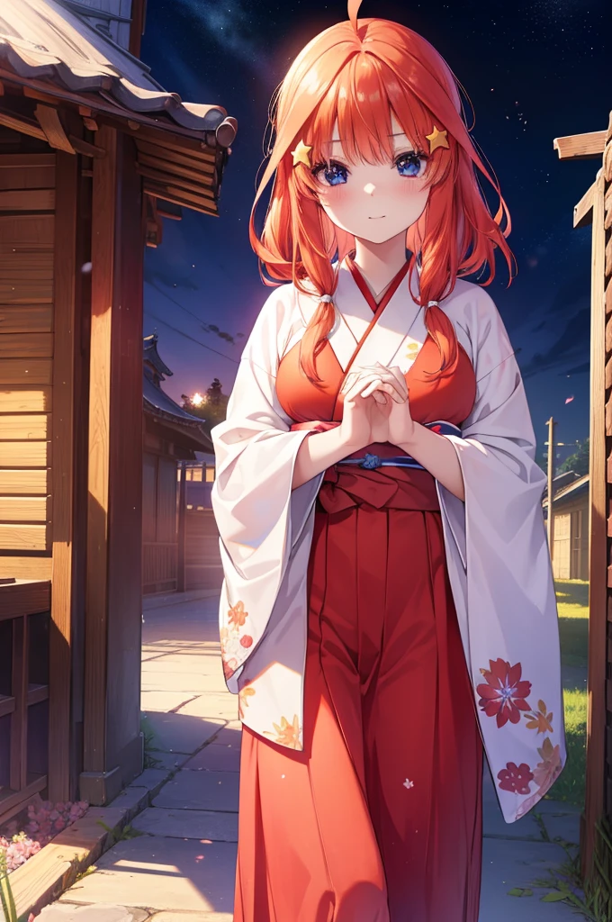 Satsuki Nakano, Itsuki Nakano, Bangs, Blue eyes, hair between eye, Ahoge, Red hair, Star \(symbol\), Hair Ornament, Star Hair Ornament,Her hair is tied back with a flower hairpin.,red kimono,Furisode,long skirt,Sandals,shrines,Sunrise, Smiling , blush
BREAK (masutepiece:1.2), Best Quality, High resolution, Unity 8k壁纸, (Illustration:0.8), (Beautiful detailed eyes:1.6), extra detailed face, Perfect Lighting, extremely details CG, (Perfect hands, Perfect Anatomy),