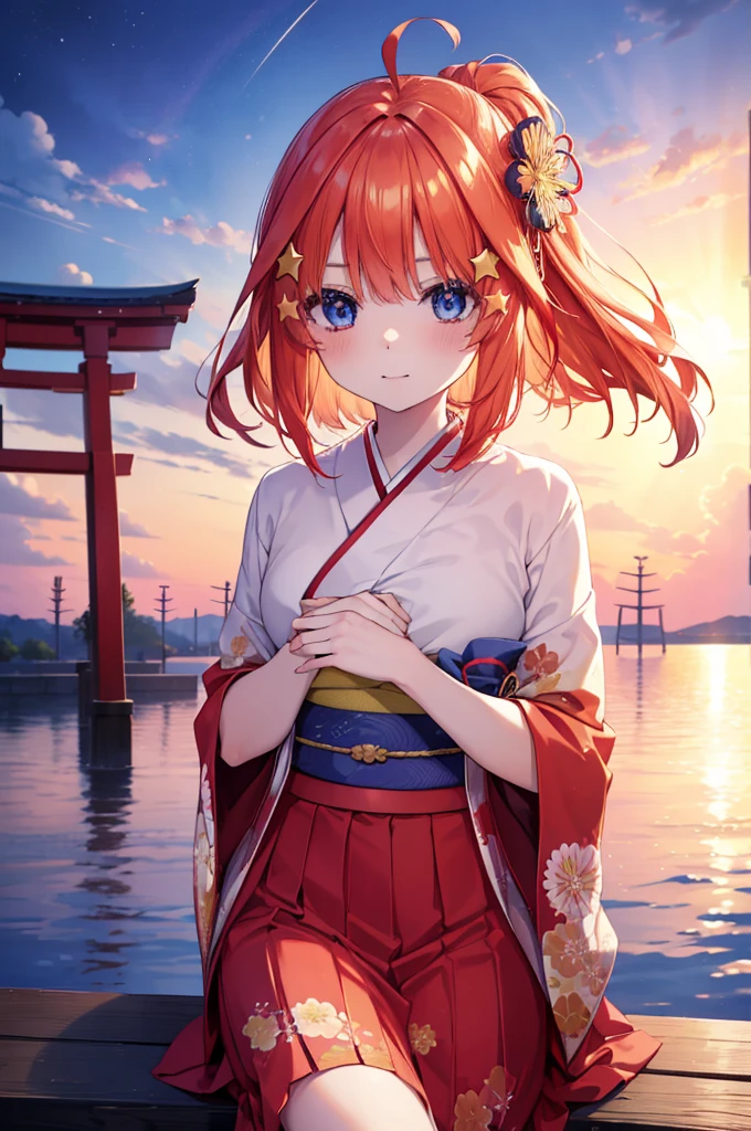 Satsuki Nakano, Itsuki Nakano, Bangs, Blue eyes, hair between eye, Ahoge, Red hair, Star \(symbol\), Hair Ornament, Star Hair Ornament,Her hair is tied back with a flower hairpin.，red kimono，Furisode，long  skirt，Sandals，shrines，Sunrise， Smiling , blush
BREAK (masutepiece:1.2), Best Quality, High resolution, Unity 8k壁纸, (Illustration:0.8), (Beautiful detailed eyes:1.6), extra detailed face, Perfect Lighting, extremely details CG, (Perfect hands, Perfect Anatomy),