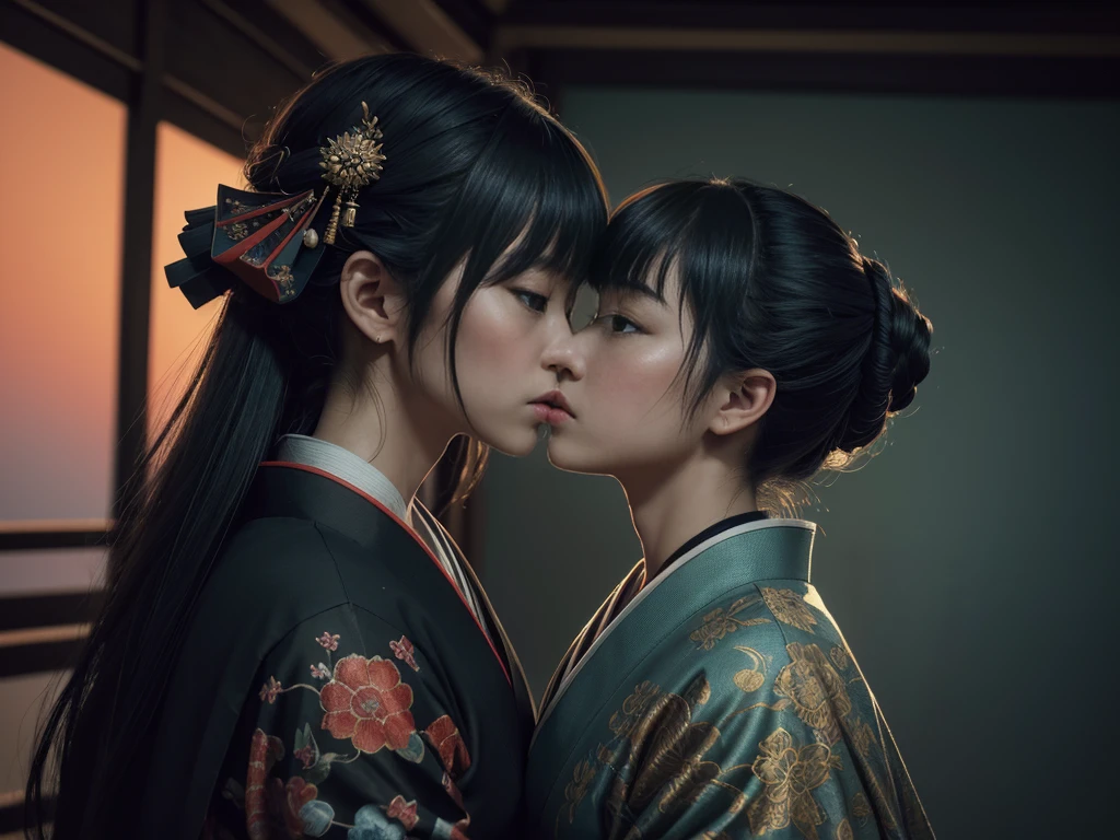 Mature woman in Japan traditional costume,(dark shot:1.4), 80mm, (dark shot:1.4), 80mm, Magnificent Real, Geisha painting with European characteristics Enter the sea of Japan, range murata, a big red sun in the background, A stunning, matted, paul gauguin, von gogh, Art by Greg Rutkowski and ArtGerm, Soft Cinematic Lights, adobe lightroom, photolab, HDR, intricately and hyper-detailed, (depth of fields:1.4), (dark shot:1.22), Neutral Color, (HDR:1.4), (Subdued Color:1.4), (Convoluted), (art stations:1.2), ultra-detailliert, Dramatic, intricate detailes, (technicolor:0.9), (rutkowski:0.8), cinematic, the detail, softlight, sharp, exposure blend, medium shot, Bokeh, (HDR:1.4), highcontrast, (cinematic, teal and orange:0.85), (Subdued Color, dim colors, Calm tones:1.3), low-saturation, (ultra-detailliert:1.2), (Noir:0.4), Soft light, sharp, exposure blend、medium shot、bokeh dof、(HDR:1.4)、highcontrast、(cinematic、Teal、an orange:0.85)、(Subdued Color、dim colors、Calm tones:1.3)、low-saturation、(Hyper-detailing:1.2)、(Noir:0.4)、(intricate detailes:1.12)、HDR、(intricate detailes、Hyper-detailing:1.15), (2girls, kiss, eye contact:1.2).