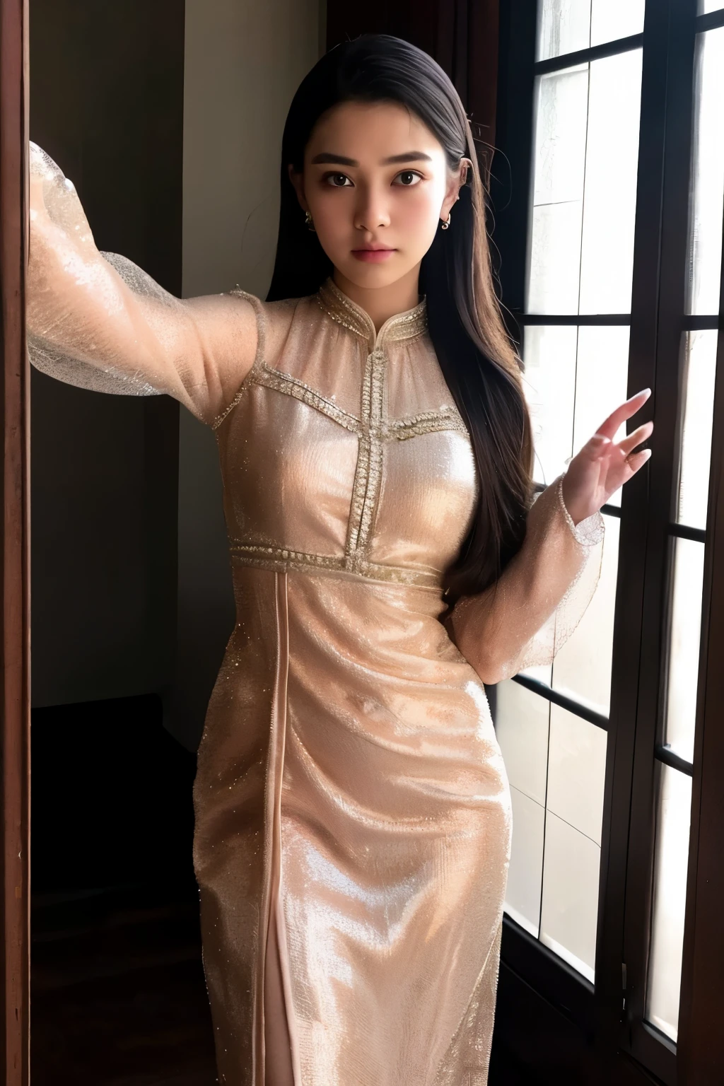 ((Perfectly insane textured)), ((Perfect proportional object arcithecture)), ((Perfect photo)), ((Super ekstremely detiled)), ((best quality)), ((masterpiece)), (full body), (ekstremely detailed), perfect face young of indonesian wearing kebaya indonesia traditional costume, with minus lens spectacle, in the darken room taking a selfie in front of a mirror with "iphone 15 pro" with blitz light phone, a picture by Lü Ji, instagram contest winner, aestheticism, aesthetic, feminine, clean with dusty and water spore in the mirror