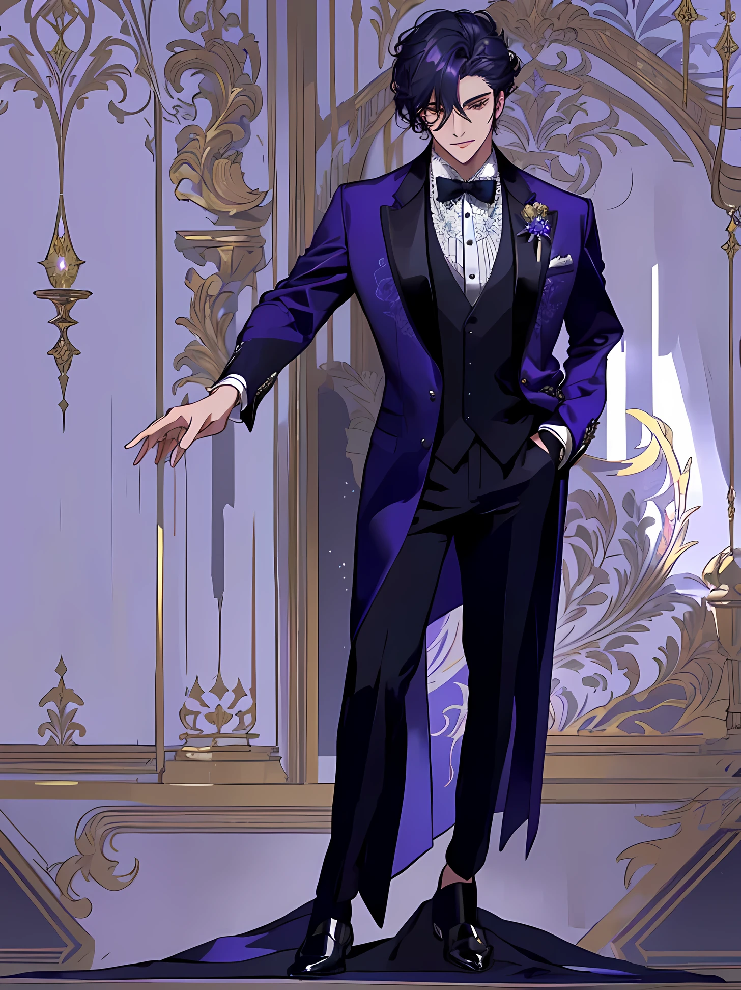 Close-up of a person wearing a suit and tightening his tie with a cane, dapper dream demon, wearing fantasy formal clothing, guy using the purple fancy suit, lunar themed attire, ((wearing aristocrat robe)), ornately dressed, platinum apparel, wearing tailcoat, wearing a tailcoat, formal clothes, intricate suit, tailcoat, dignified aristocrat, ornate black tailcoat