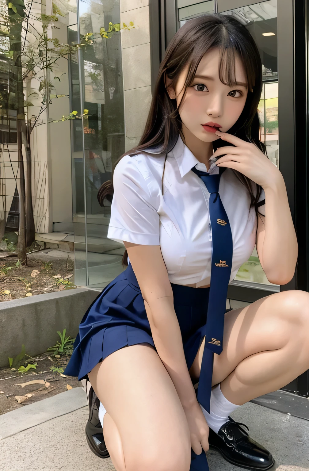 japanaese girl、 Girls、perfect body type、Transparency、discreet breasts、School Uniforms、Navy blue tie、Navy blue skirt、Shirt、Idol、Muchimuchi thighs、Infidelity rotten