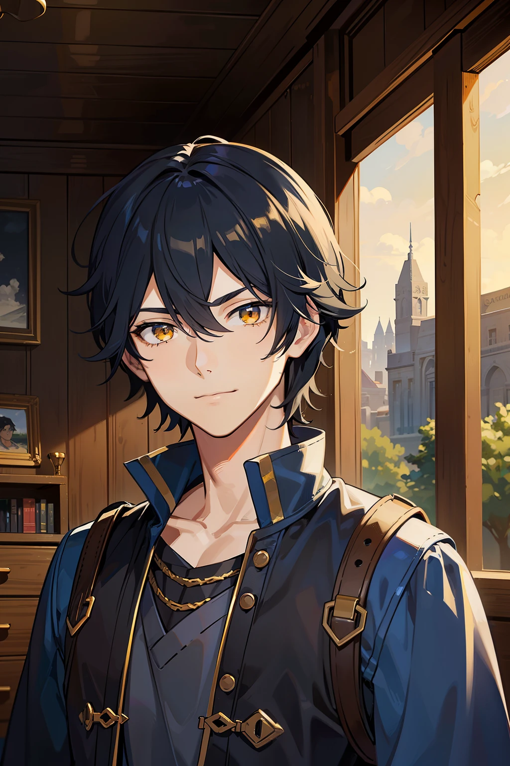 (high-quality, breathtaking),(expressive eyes, perfect face) portrait, 1male, male, solo, adult man, age late 20's, black hair, yellow golden eye color, short hair length, soft wavy hair, spiky hair, gentle smile, side bangs, looking at viewer, portrait, happy expression, fantasy clothing, blacksmith, blacksmith clothing, blacksmith profession, elegant, mature, height 5"6, blue lighting in hair, blue trim