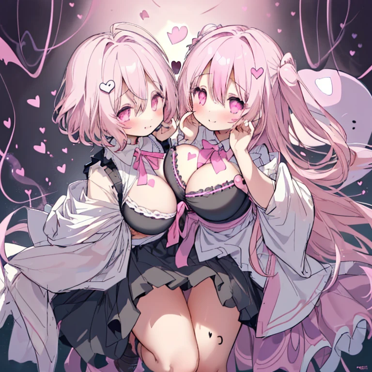 Details、ultra-detailliert、masterpiece、top-quality、Beautiful fece、A detailed eye、 (Two girls:1.4)、Two succubi、(twinsies:1.2)、(natta:1.2)、short-haired、(Pink ribbon:1.1)、(Two-side-up)、Pink tie、pink bra、耳环、(student clothes.1.1)、Shady face、Light pink hair、(Pink Room)、malicious smile、Bruises and ugly facial features、Young features、(Lori:1.2)、long-sleeve、(puffy sleeves fluffy hair、(Open your mouth and laugh)、Elementary school girls、Short stature、Chiquita、Colossal tits、Lori巨乳、(Put your hand on your face)、Buriko、Ruffled uniforms、hair clips、(Ridicule:1.1)、looking-down、Looking from below、Being looked down upon by girls、(Looking from below:1.2)、ultra gigantic tits、(Pink heart symbol:1.5)、(Mass of heart:1.5)、(Heart Effect:1.5)、(heart mark:1.5)、demon tail、Devil's Tail、Succubus、(ultra gigantic tits:1.3)、Lori巨乳、(Tattoo of the heart:1.dare、Devil's Tail、Boob Matching