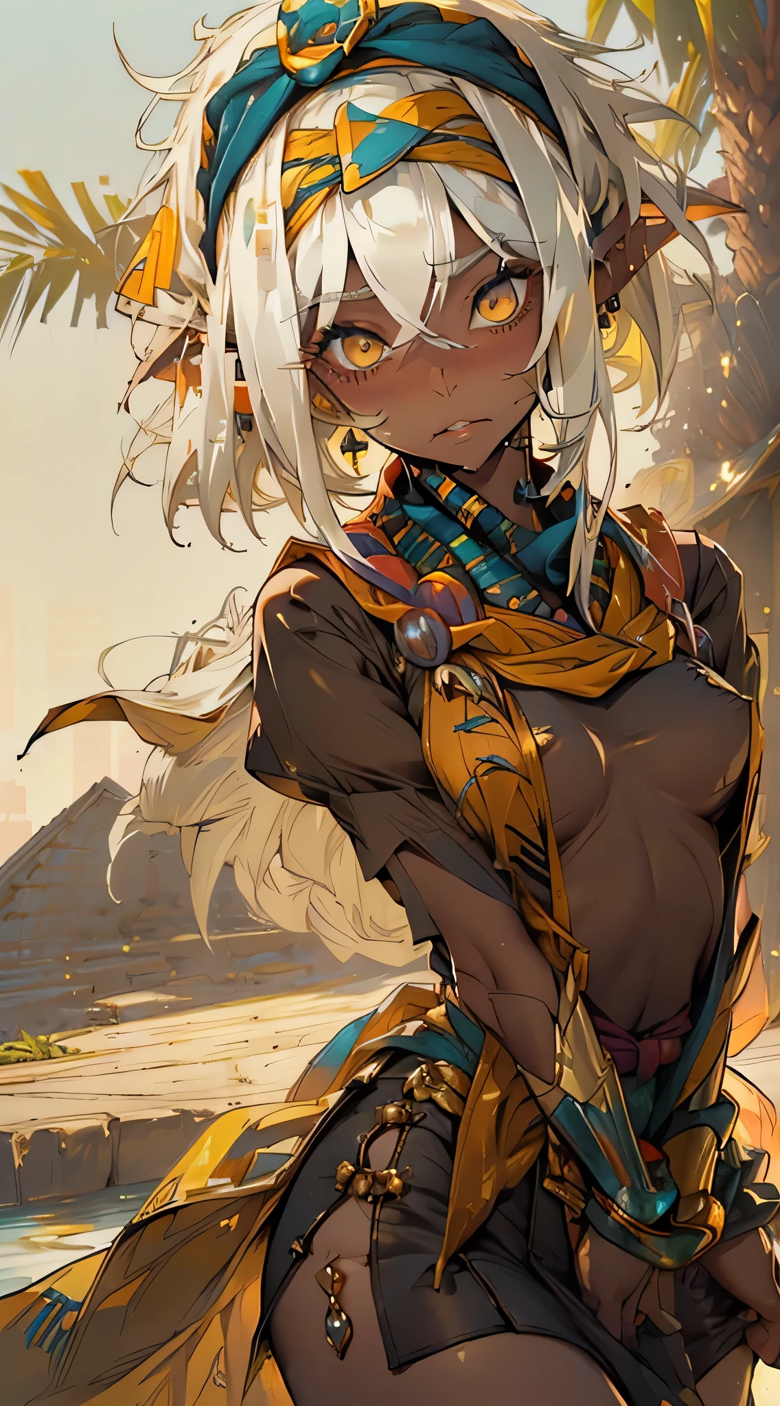 Nisei Muramasa, girl from ancient Egypt,1girl, (small breasts:1.4),small breasts,((((straight hair, hair long,white hair:1.5,colored inner hair)))),(((yellow_eyes:1.3))),intricate eyes,beautiful detailed eyes,symmetrical eyes,big eyes:1.2,((((lustrous skin:1.5,tanned skin,bright skin: 1.5,skin tanned,shiny skin,very shiny skin,shiny body)))),(spider lower abdomen,narrow waist,wide hip,athletic body,inflated legs,thick thighs),(((detailed face))),beautiful detailed lips, cute,slutty,,seductive,((erotic)),opulent,sumptuous,((nsfw)), zettai ryouiki,revealing clothing,show skin,((silky golden skin)), fleshy lips, (((Egyptian headscarf:1.5))),jewelry and bracelets, with a gold and white plunging Egyptian garb,black canvaarefoot))),egyptian outfit,((eyeshadow, egyptian makeup,eyelid makeup)),((((ceremonial gold paint all over the body)))),(((Transparent cloth:1.1,wet clothes,intricate outfit,embroidered outfit,ornate outfit,embroidered clothes,ornate clothes))), dynamic and seductive pose,looking at viewer,embarrassed,centered,scale to fit dimensions,Rule of thirds, outdoors,(egyptian palace,egyptian palace background,pyramids in the background),scenery,(oasis,oasis background),extremely scenery,(puddles everywhere,moss,moss on the background),clouds,Egypt style,Egypt castle,lily pads,palms,reeds,(sunset, golden hour), (Glossy Egyptian ornaments),(top-quality,8K,32K,masterpiece),high resolution,(Photorealistic:1.4),Ray tracing,Sun glare,depth of fields,By backlight effect,Add depth to your screen,(((vibrant colors,vibrant theme))),(intricate),(high contrast,photorealistic artwork:1.37),(best quality,4k,highres,masterpiece:1.2),ultra-detailed,(realistic,photorealistic,photo-realistic:1.37),professional, cute elf,(((little loliy little body,little))),(((6 years ime elf loli with extremelye and beautiful white hair)), (((elf))), (((elf earlat chest))),((((white hair:1.35,short white hair,colored inner hair,ear breathing))))