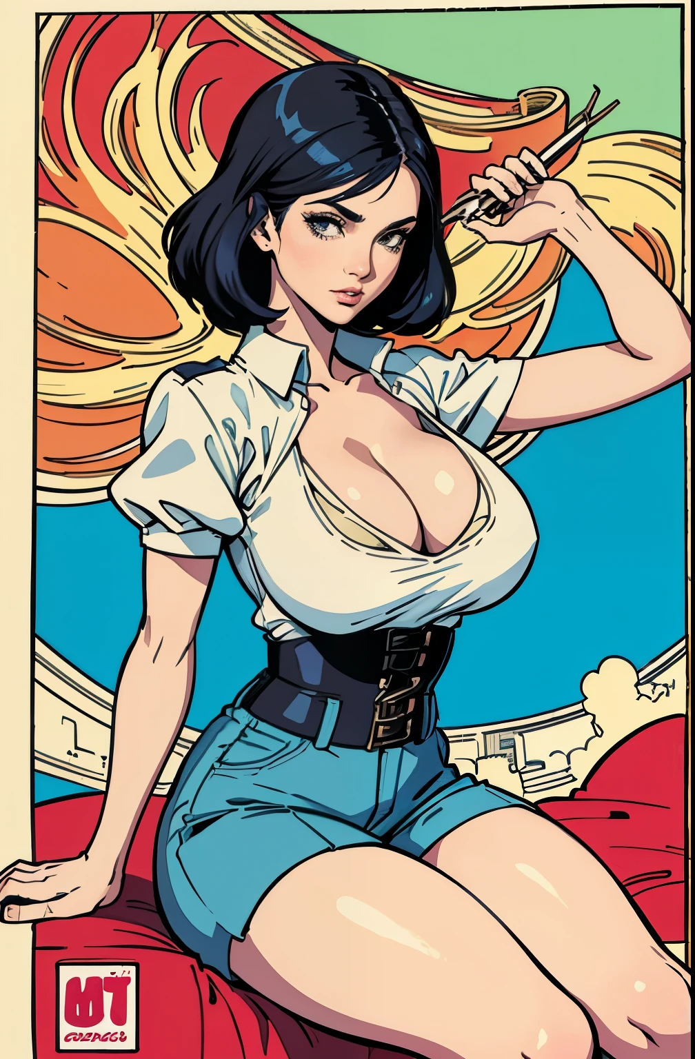 ((masterpiece)), (best quality), (cinematic), 1girl, solo, a mature woman in a white top and high waisted shorts, large breast, chubby, martin ansin, martin ansin artwork, moebius + artgerm, beautiful comic art, joao ruas, by José Comas Quesada, Snow White , inspired by Vincent Lefevre, jamie mckelvie comic art, milo manara style, full body, cleavage,