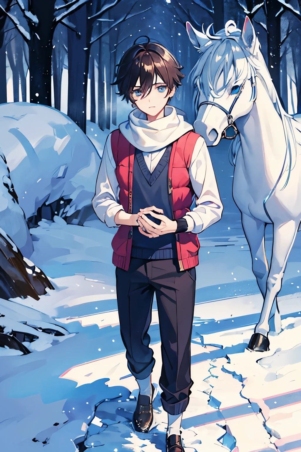 male people A dark-haired blue eyess trainers jumper JINS trouser sockes espadrilles muffler In the snow forest masterpiece Top image quality denoise Clear cinematic shadow Increased attractiveness of the eyes Clear the shine of the eyes Draw eyelashes neatly Perfect Eye A detailed eye Sharpen image quality Sharpen eye writing Clear eye shape