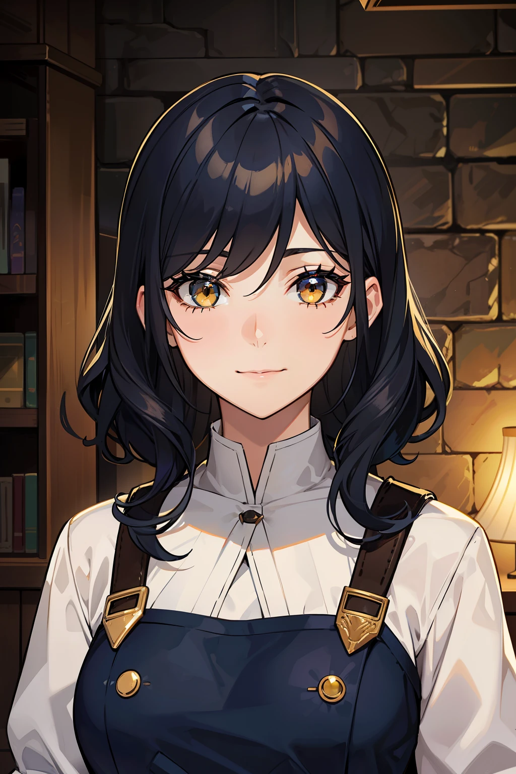 (high-quality, breathtaking),(expressive eyes, perfect face) portrait, 1girl, female, solo, adult woman, age late 20's, black hair, yellow golden eye color, short hair length, soft wavy hair, gentle smile, side bangs, looking at viewer, portrait, happy expression, fantasy clothing, blacksmith, blacksmith clothing, blacksmith profession, elegant, mature, height 5"6, blue lighting in hair, tomboy