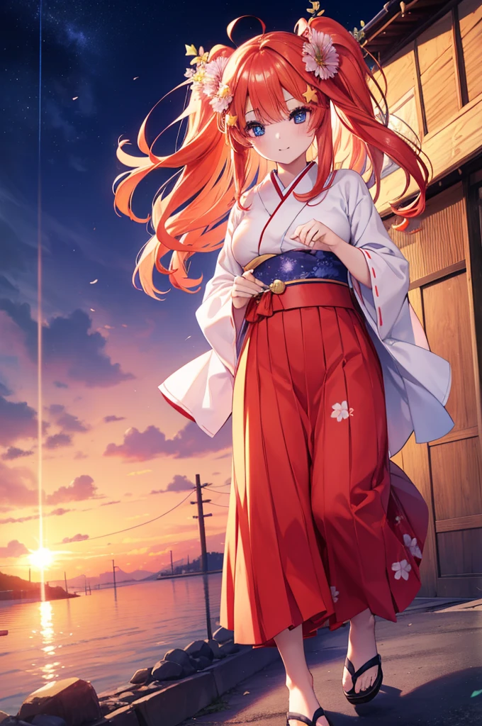 Satsuki Nakano, Itsuki Nakano, Bangs, Blue eyes, hair between eye, Ahoge, Red hair, Star \(symbol\), Hair Ornament, Star Hair Ornament,Her hair is tied back with a flower hairpin.,red kimono,Furisode,long skirt,Sandals,shrines,Sunrise, Smiling , blush
BREAK (masutepiece:1.2), Best Quality, High resolution, Unity 8k壁纸, (Illustration:0.8), (Beautiful detailed eyes:1.6), extra detailed face, Perfect Lighting, extremely details CG, (Perfect hands, Perfect ???????),