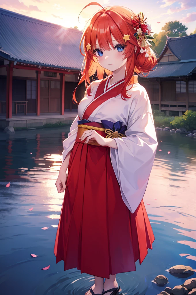 Satsuki Nakano, Itsuki Nakano, Bangs, Blue eyes, hair between eye, Ahoge, Red hair, Star \(symbol\), Hair Ornament, Star Hair Ornament,Her hair is tied back with a flower hairpin.,red kimono,Furisode,long skirt,Sandals,shrines,Sunrise, Smiling , blush
BREAK (masutepiece:1.2), Best Quality, High resolution, Unity 8k壁纸, (Illustration:0.8), (Beautiful detailed eyes:1.6), extra detailed face, Perfect Lighting, extremely details CG, (Perfect hands, Perfect Anatomy),