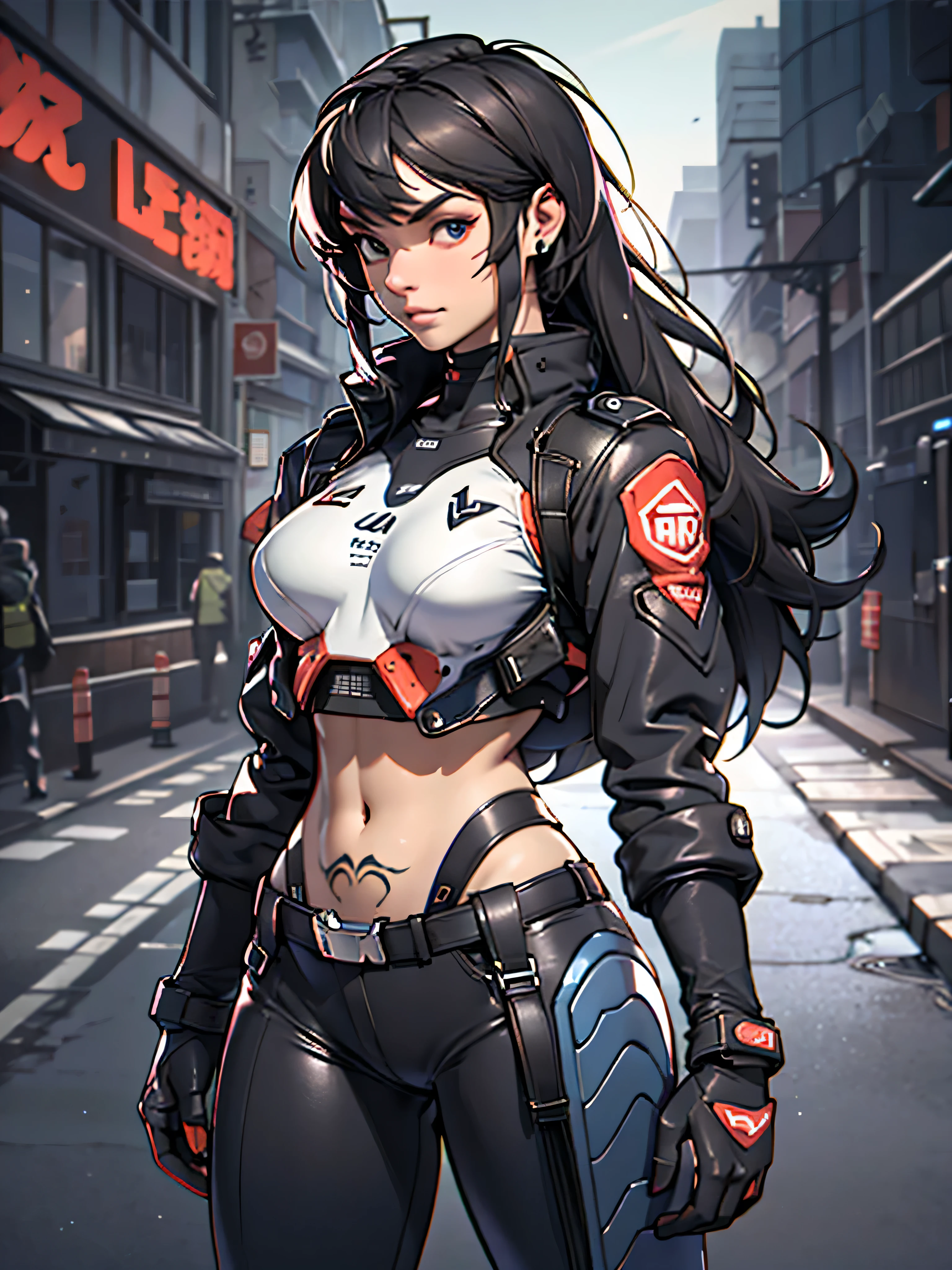 11:23(((Best quality at best: 1.4))),(Unbeatable masterpiece), (hyper HD),(Hyper-realistic 8k CG)、(dark colored hair) ((( body))), (((1 girl in))), 25-year-old American soldier with perfect body,,Beautiful and well-groomed face,muscular body:1.2,Solid royal blue jacket with details, (Pictures from head to thighs), Complex equipment, royal blue,long trousers,The clothes inside are dark,Clothes with armored metal electronic parts, Poison tattoos )
