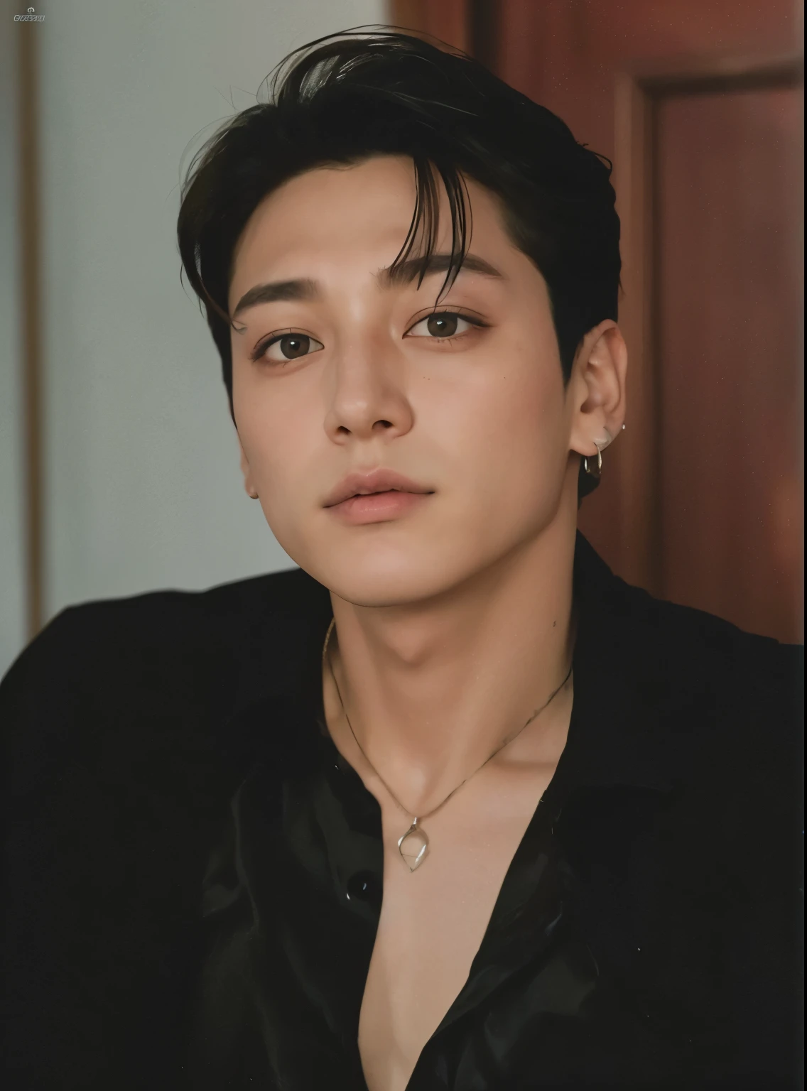um close up de uma pessoa vestindo uma camisa preta e um colar, Jungkook, Jeon Jungkook, Hyung Jungkook, Jungkook BTS, Jeon Jungkook, BTS jungkook, Jungkook, handsome androgynous prince, Jeon Jungkook Hyung, inspirado em Jungkook BTS, foto de perfil headshot, Jeon jungkook, Hyung Jungkook jeon, portrait of kpop idol