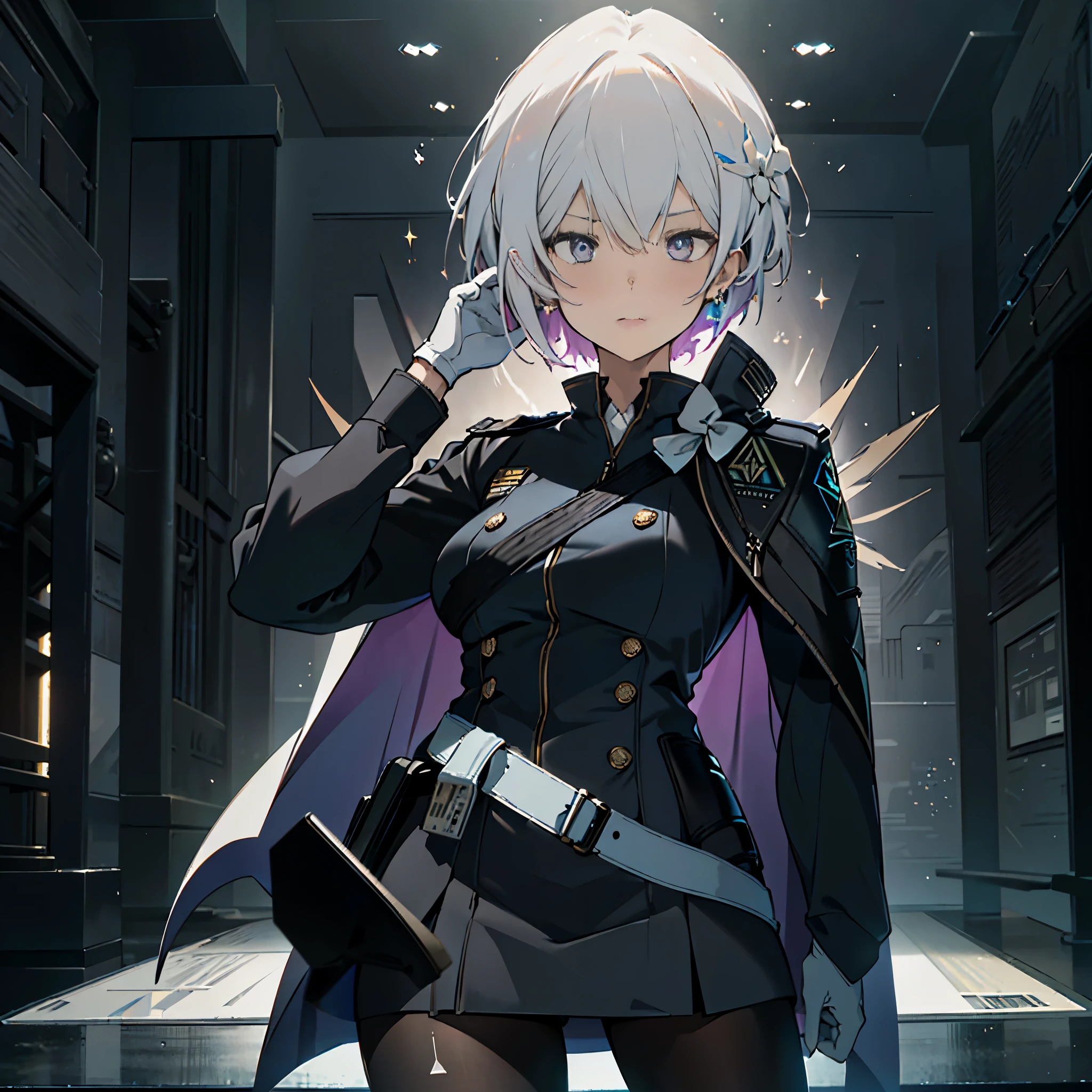 1 Girl, Solo , Alone, A Single Person, Face Close Up, Big Chest, Violet Eyes, , Hair accessories, White Bob Hair, Short Hair, Silver Hair, Bang, hair between eyes, military uniform, black dress, cape, White gloves, pantyhose, high heel boots, Explosion, Salute Pose, Standing, In the Sky, Blue Sky, ((Best quality)), ((masterpiece)), 3D, HDR (High Dynamic Range),Ray Tracing, NVIDIA RTX, Super-Resolution, Unreal 5,Subsurface scattering, PBR Texturing, Post-processing, Anisotropic Filtering, Depth-of-field, Maximum clarity and sharpness, Multi-layered textures, Albedo and Specular maps, Surface shading, Accurate simulation of light-material interaction, Perfect proportions, Octane Render, Two-tone lighting, Wide aperture, Low ISO, White balance, Rule of thirds,8K RAW, Aura, masterpiece, best quality, Mysterious expression, magical effects like sparkles or energy, flowing robes or enchanting attire, mechanic creatures or mystical background, rim lighting, side lighting, cinematic light, ultra high res, 8k uhd, film grain, best shadow, delicate, RAW, light particles, detailed skin texture, detailed cloth texture, beautiful face, (masterpiece)