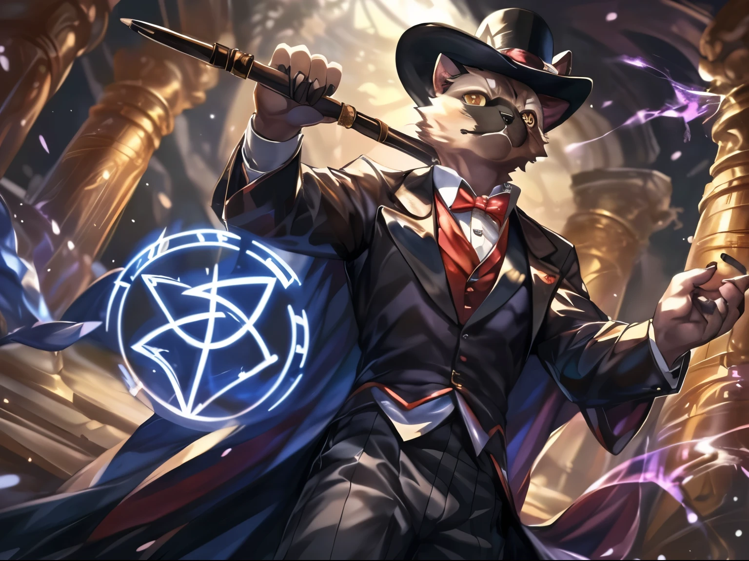 masterpiece, best quality, bright eyes, Deliciated eyes, by kiyosan, (by t.y.stars:0.9), by null-ghost,
furry, siamese cat, slim male, magician, (formal wear:1.2), pants, cane, monocle, cloak, hat, gem, (runes:1.1),
dynamic angle, upper body,
oasis, detailed background, colorful, radiant, mystery, magic, spectral