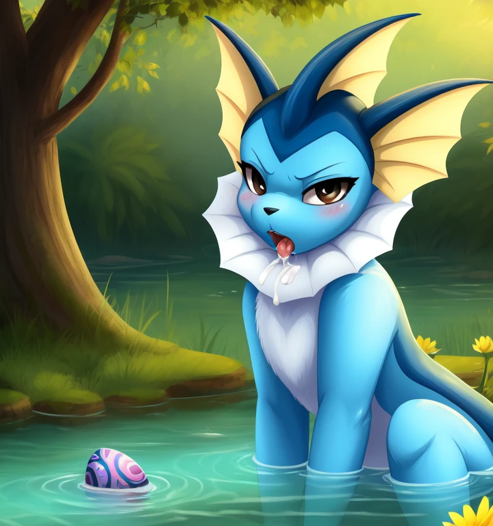 (masterpiece, best quality:1.15), 1girl, solo, vaporeon, colored sclera, long eyelashes, colored skin, (blue skin:1.1), furry, furrification black eyes, tail, spikes shiny skin, tank top, squatting, angry, blush, looking at viewer, open mouth, tongue, saliva, Vagina, Cum in Vagina, laying pokemon eggs, outdoors, pond, lily \(flower\), lily pad, plant, water, day, sunlight, dappled sunlight*he buries his face in your neck, he starts to make out with sunbeam, still water, partially submerged, bathing, tree, sky