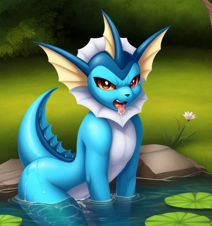 (masterpiece, best quality:1.15), 1girl, solo, vaporeon, colored sclera, long eyelashes, colored skin, (blue skin:1.1), furry, furrification black eyes, tail, spikes shiny skin, tank top, squatting, angry, blush, looking at viewer, open mouth, tongue, saliva, Vagina, Cum in Vagina, laying pokemon eggs, outdoors, pond, lily \(flower\), lily pad, plant, water, day, sunlight, dappled sunlight*he buries his face in your neck, he starts to make out with sunbeam, still water, partially submerged, bathing, tree, sky