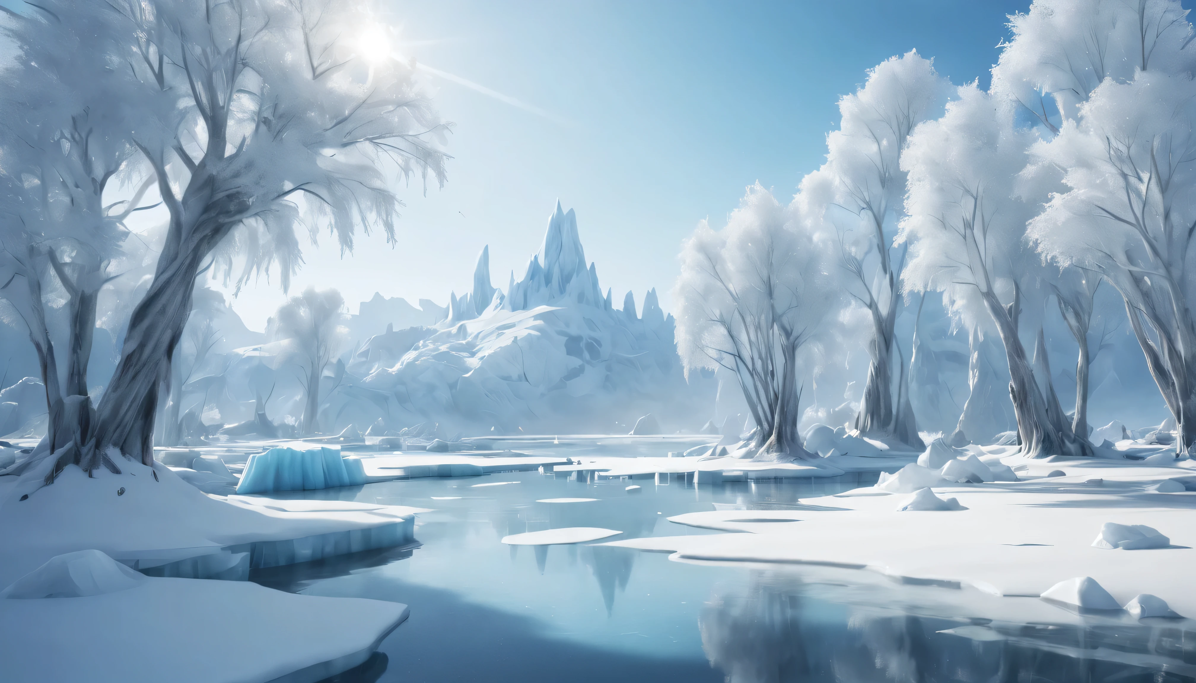 laguna de hielo, snow covered trees, sunny day, base de hielo, Final design, Obra maestra, Hiperrealista