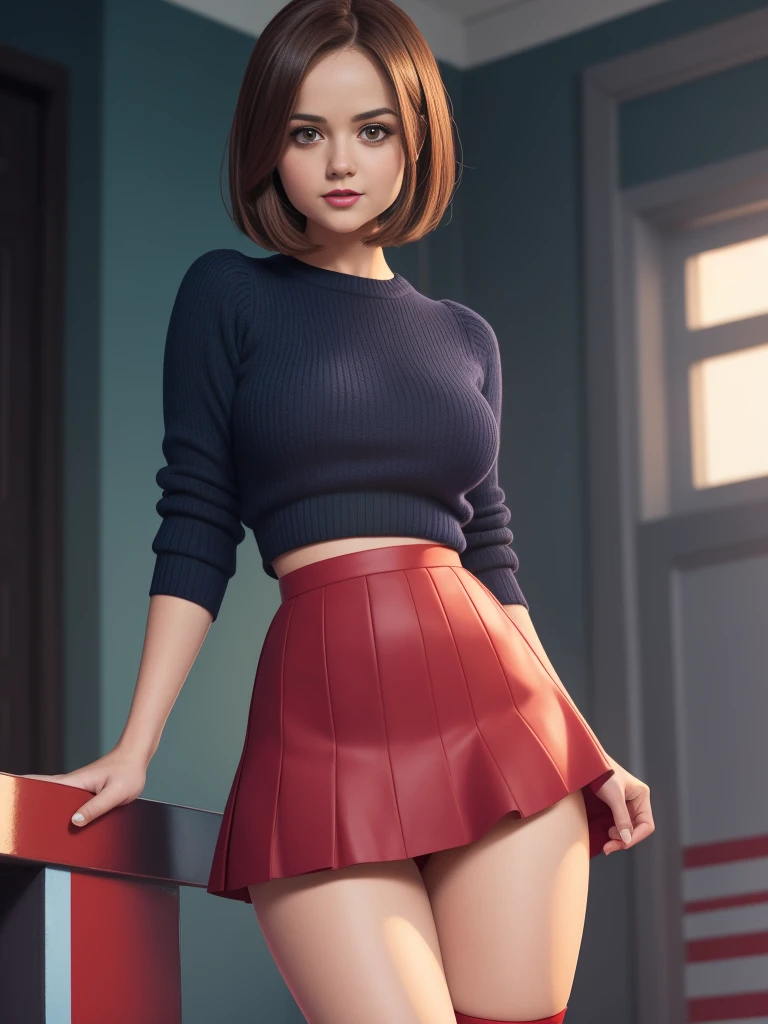 High image, Super Detail, High resolution, Anime, Manga, Illustration, Black Knee High Socks, thighs, Flared Mini Skirt, Beautiful woman, Amorous expression, Seductive look, Laugh mischievously, Happy, Shy, Red lips, Half mouthful, Sparkling blue eyes, small breasts, perfectly proportions, slender, jenna coleman, upskirt