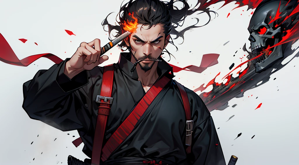Man with a skull head on fire and holding a katana and samurai costume and smoking a cigarette with lots of smoke coming out