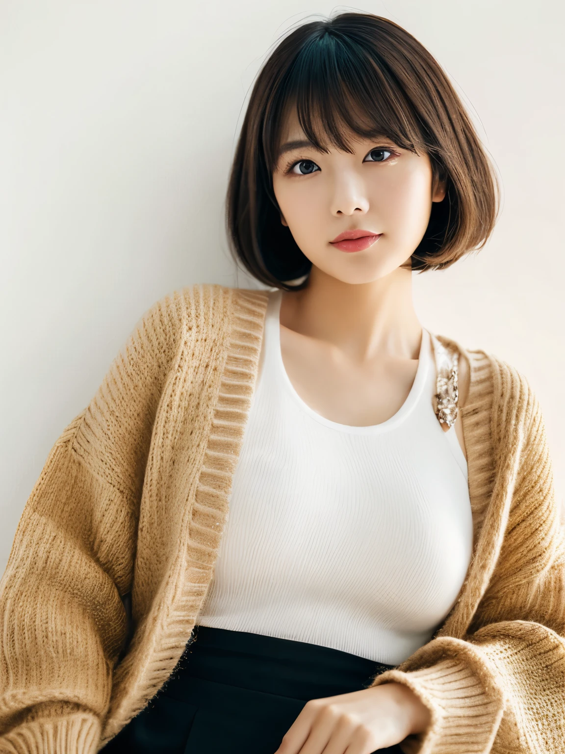 ((masutepiece,top-quality)), (photographrealistic:1.4),((masutepiece,8K)),hight resolution,Studio Soft Light, Rim Lights, vibrant detail, realistic skin textures,Japanese, 1 beautiful woman, Short hair, Wave hair, faint thin bangs, make - up, 38 years, Detailed skin, cardigan, wide-leg pants, White background, White Room,white walls, fully body photo, Looking at Viewer