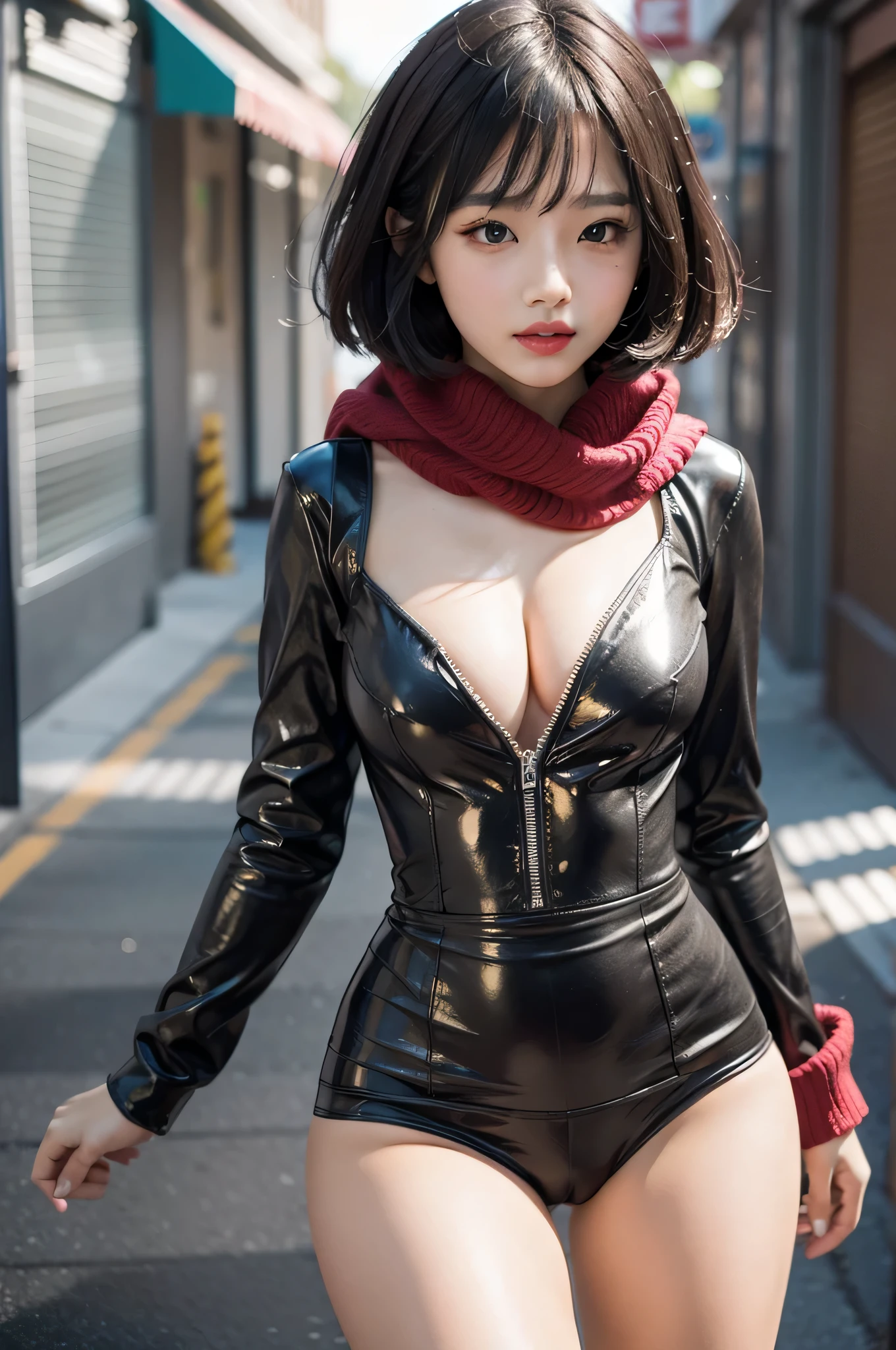 Beautiful anime girl with bust to waist /// (peculiarity) Wearing a detailed combat jumpsuit,Bring a scarf, upperbody shots, delicate skin, Menberuijujiao, Detailed eyes and pupils (and red lips), Detailed Bob Hairstyle, Intricate details and sharp, tmasterpiece, globalillumination, Real Shadow, bokeh, Best quality, photoactual, actual, 8K, 3D